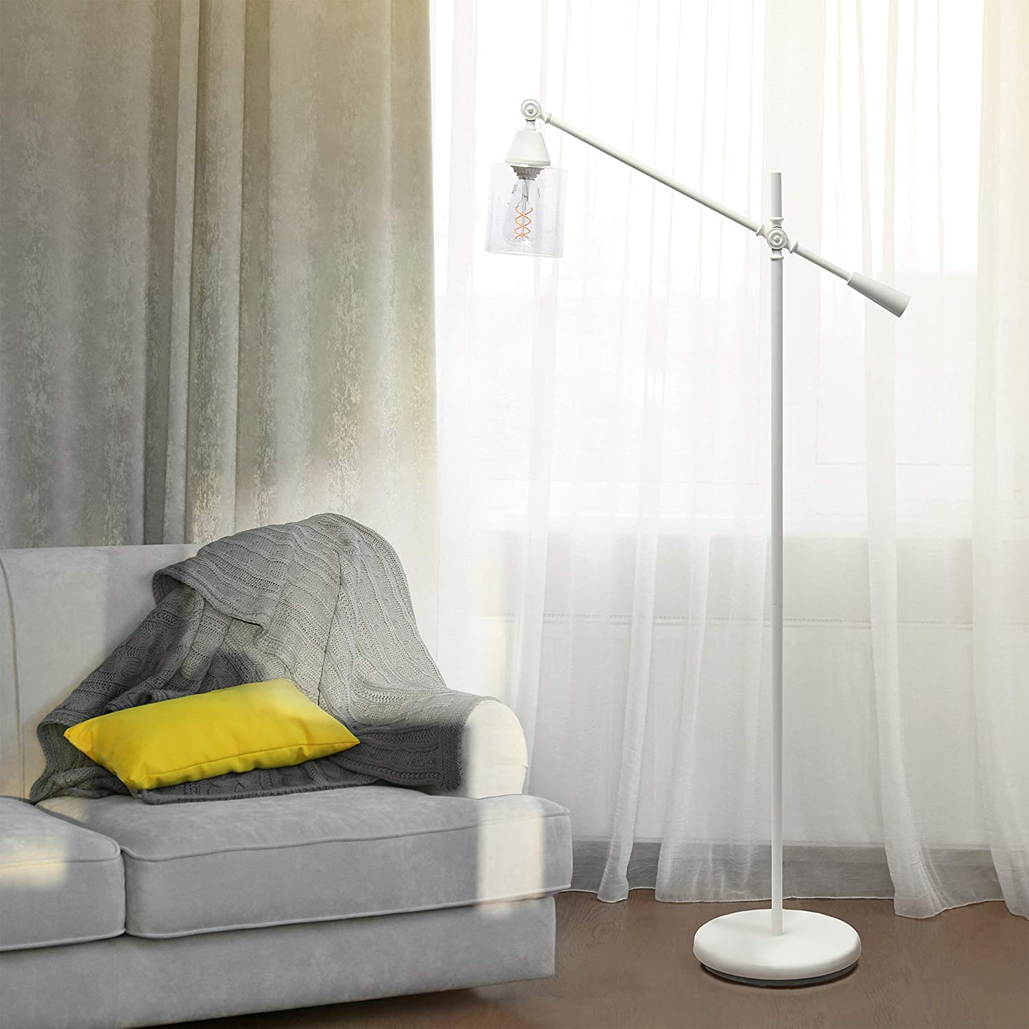 Elegant Designs LF1030-WHT Pivot Arm Glass Shade Floor Lamp, White