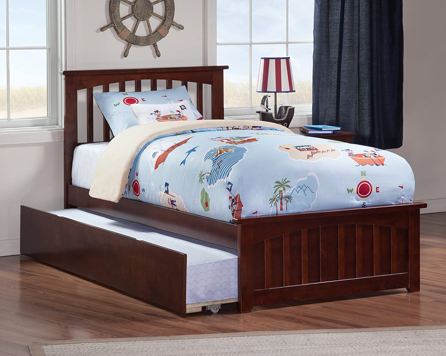 Atlantic Furniture Mission Platform Bed with Matching Footboard and Twin Size Urban Trundle, Walnut