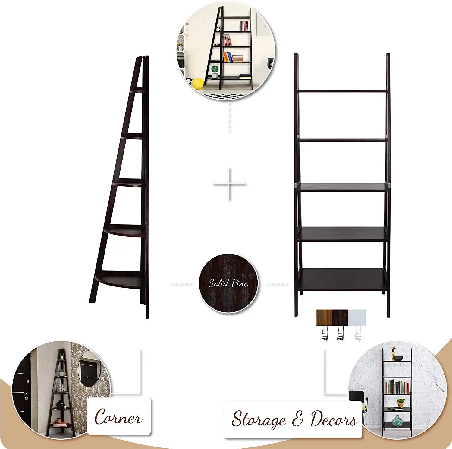 Casual Home 5-Shelf Corner Ladder Bookcase, Espresso