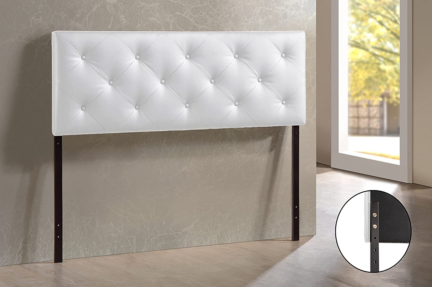 Bored with your bedroom. Need to perk up that platform bed Add the look of leather. Our king size white faux leather headboard boasts button-tufted distinction that contrasts sharply with just about any wall. Rubberwood frame with foam padding provides a