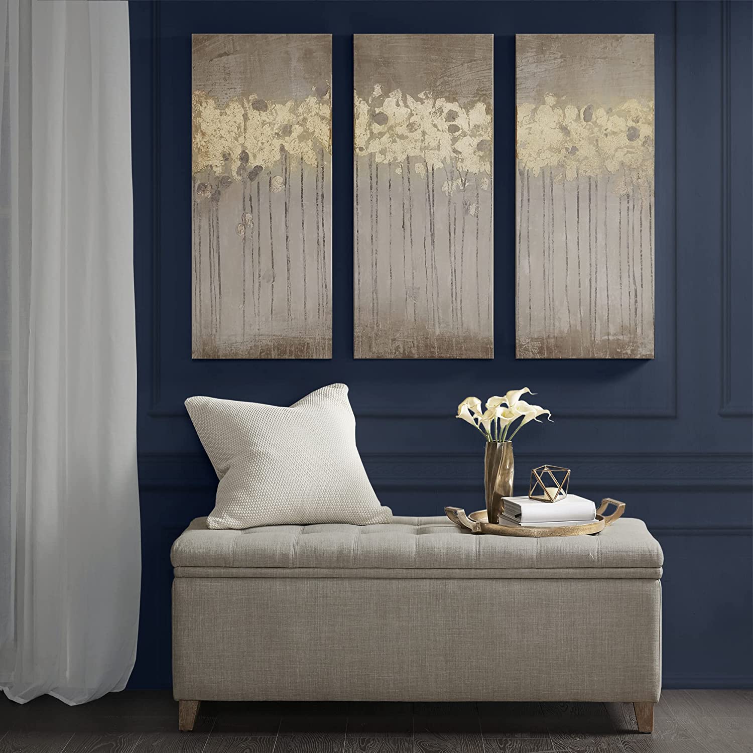 Madison Park Wall Art Living Room Decor - Embelished Gold Foil Triptych Canvas Home Accent Dining, Bathroom Decoration, Ready to Hang Painting for Bedroom, 15&#34; x 35&#34;, Sandy Forest Yellow 3 Piece