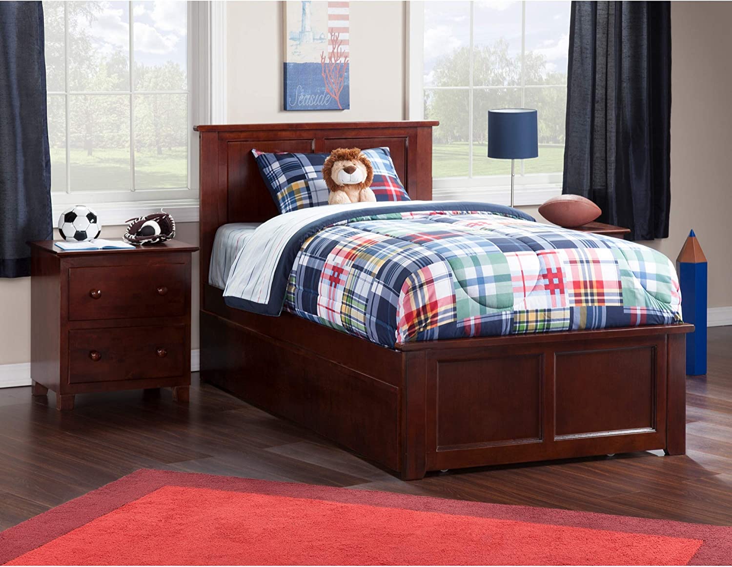 AFI Madison Platform Bed with Matching Footboard and Turbo Charger with Twin Extra Long Trundle, XL, Walnut