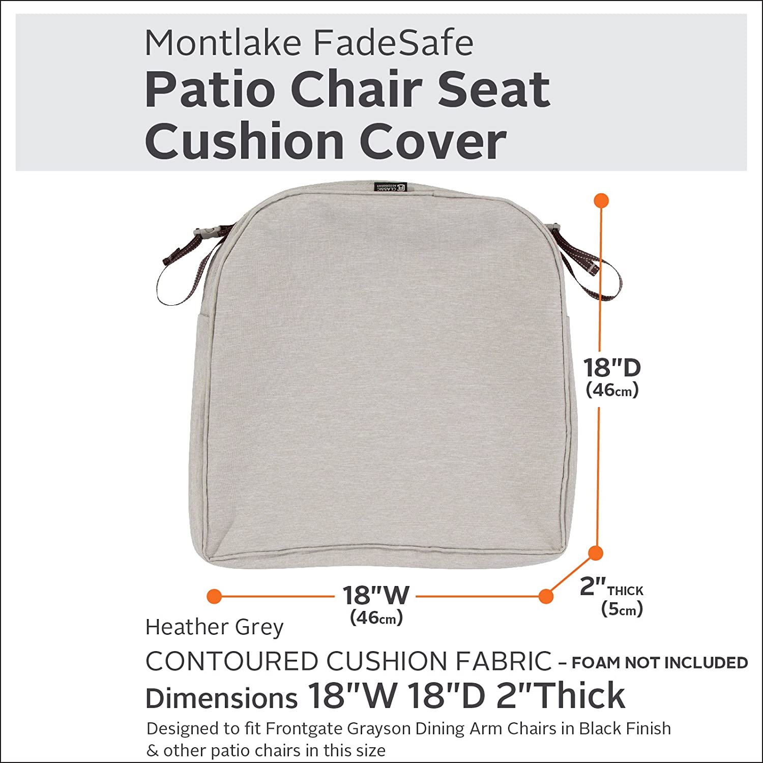 Classic Accessories Montlake Water-Resistant 18 x 18 x 2 Inch Square Outdoor Seat Cushion Slip Cover, Patio Furniture Chair Cushion Cover, Heather Grey, Patio Furniture Cushion Covers
