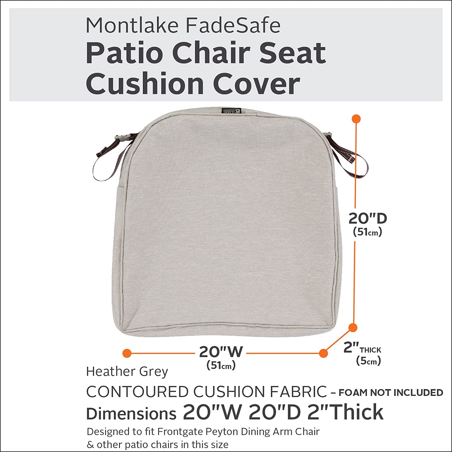 Classic Accessories Montlake Water-Resistant 20 x 20 x 2 Inch Square Outdoor Seat Cushion Slip Cover, Patio Furniture Chair Cushion Cover, Heather Grey, Patio Furniture Cushion Covers