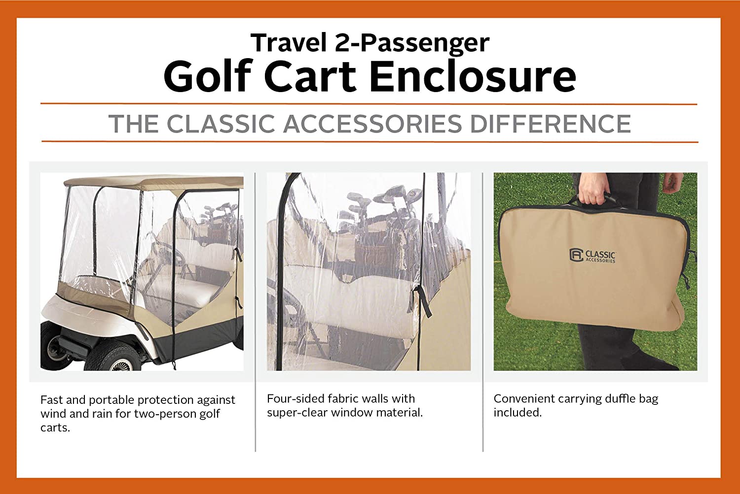 Classic Accessories Fairway Travel 4-Sided 2-Person Golf Cart Enclosure, Tan