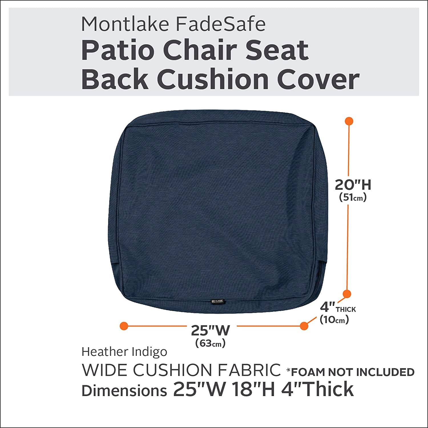 Classic Accessories Montlake Water-Resistant 25 x 18 x 4 Inch Outdoor Back Cushion Slip Cover, Patio Furniture Cushion Cover, Heather Indigo Blue, Patio Furniture Cushion Covers