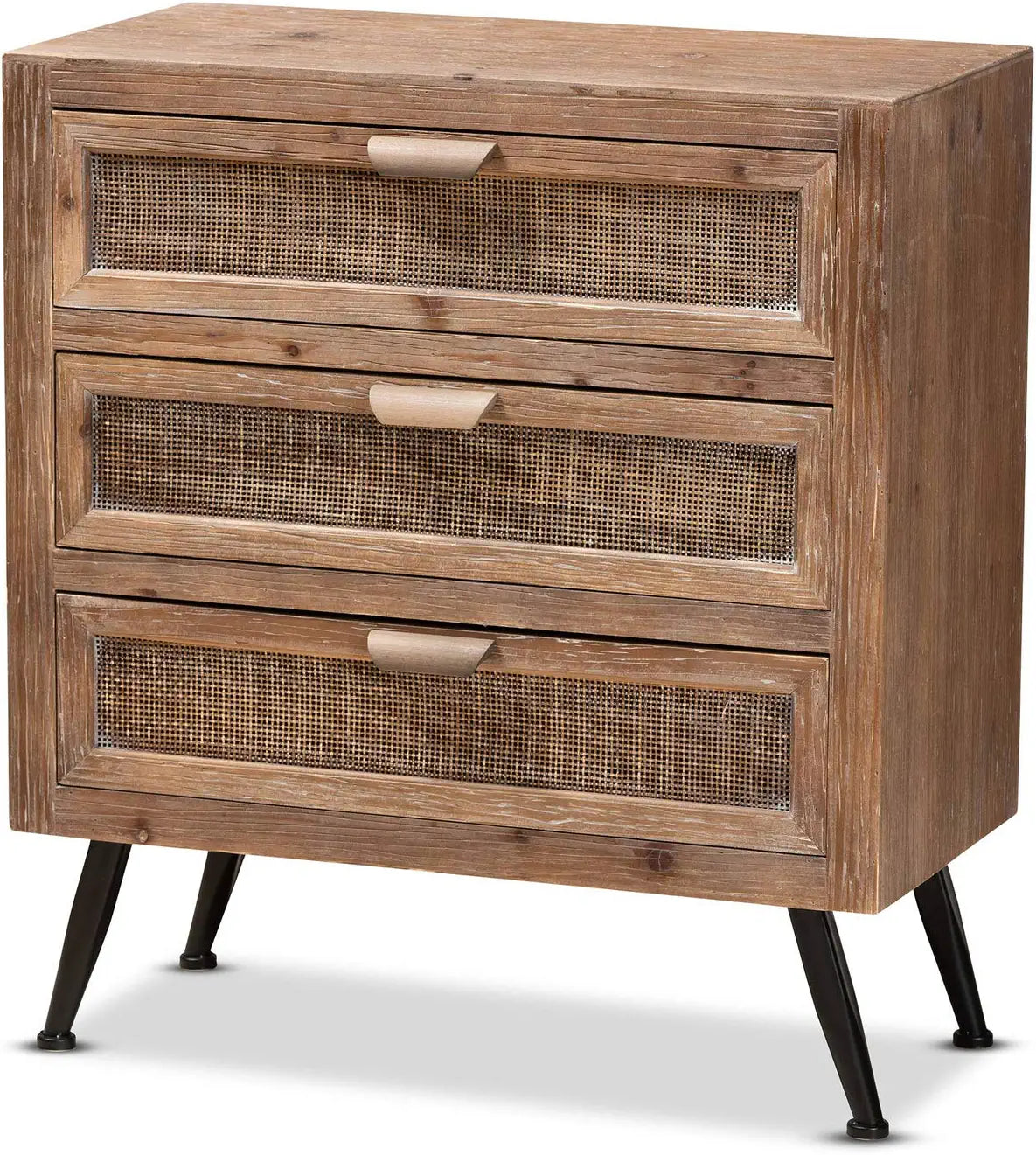 Baxton Studio Calida Mid-Century Modern Whitewashed Natural Brown Finished Wood and Rattan 3-Drawer Storage Cabinet