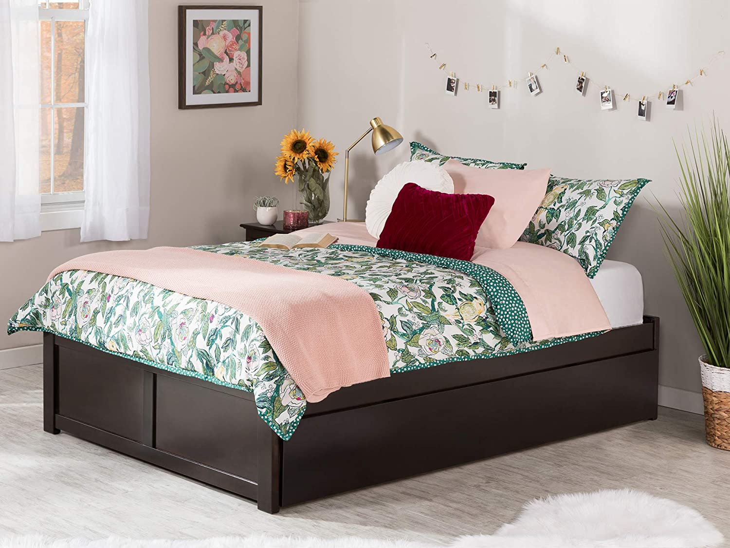 Concord Queen Platform Bed with Footboard and Twin Extra Long Trundle in Espresso