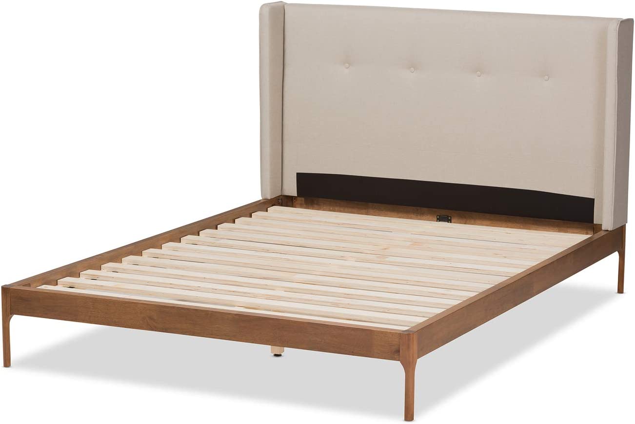 Baxton Studio Brooklyn Queen Size Platform Bed/Light Beige/Mid-Century/Fabric Polyester 100%&#34;/MDF/LVL/Rubber Wood/Foam