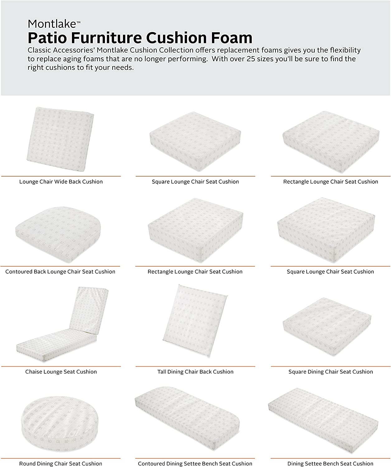 Classic Accessories 21 x 21 x 3 Inch Square Patio Cushion Foam