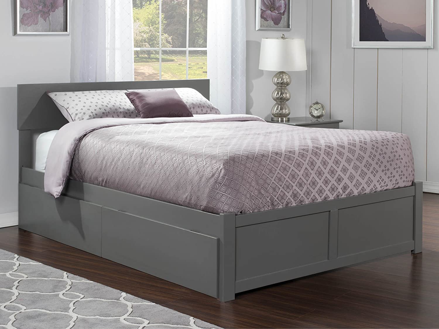 Orlando Full Platform Bed with Flat Panel Footboard and Turbo Charger with Urban Bed Drawers in Grey