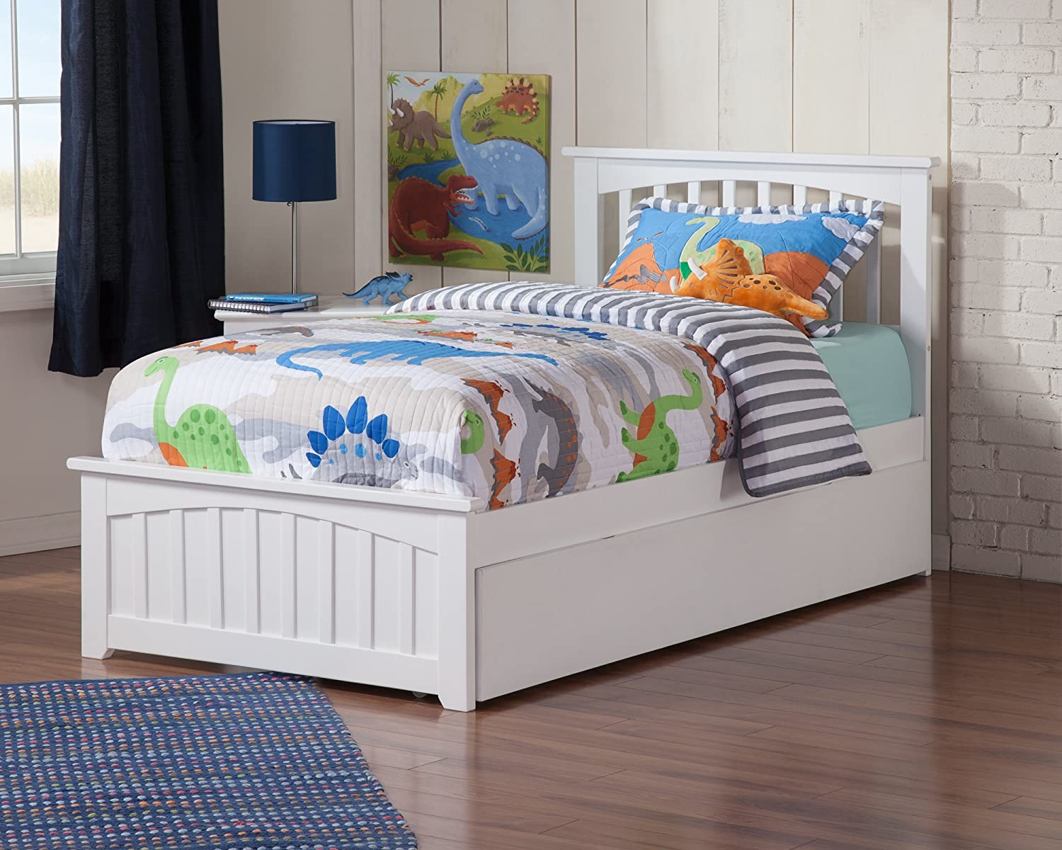 AFI Mission Platform Bed with Matching Footboard and Turbo Charger with Twin Extra Long Trundle, XL, White