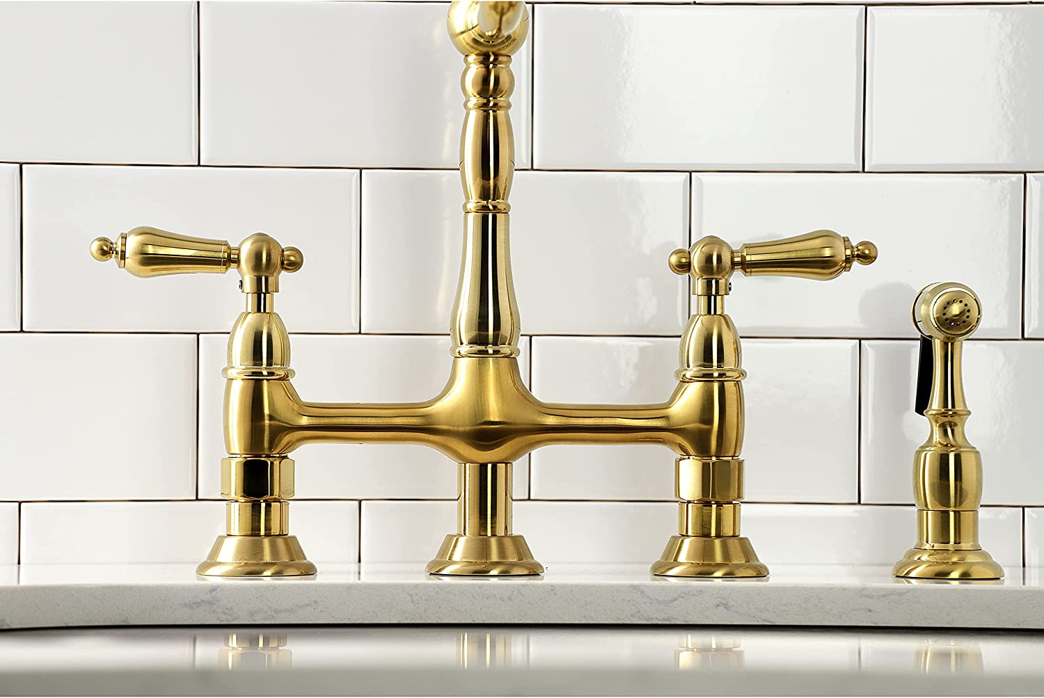 Kingston Brass KS1277ALBS Heritage 8-Inch Kitchen Bridge Faucet with Brass Sprayer, Brushed Brass