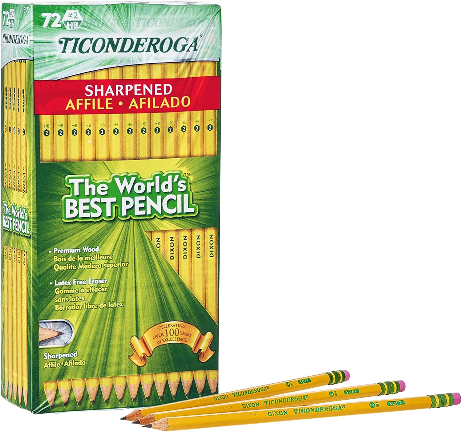 Ticonderoga Pencils, Wood-Cased, Pre-Sharpened, #2 HB Soft, Yellow, 72 Count