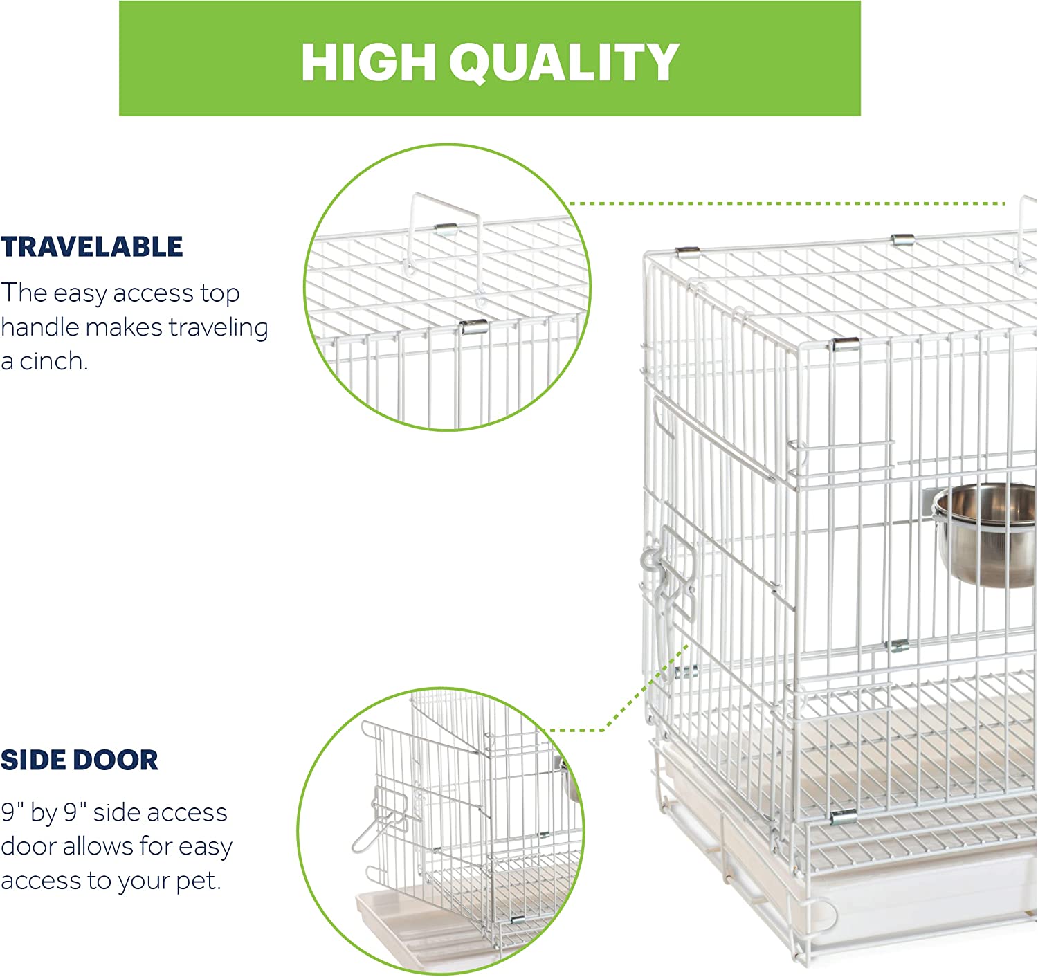 Prevue Pet Products Temporary Travel Bird Cage Short-Term Pet Carrier for Birds, Metal Stainless Steel Pet Crate with Handles, Foldable Portable Birdcage, White