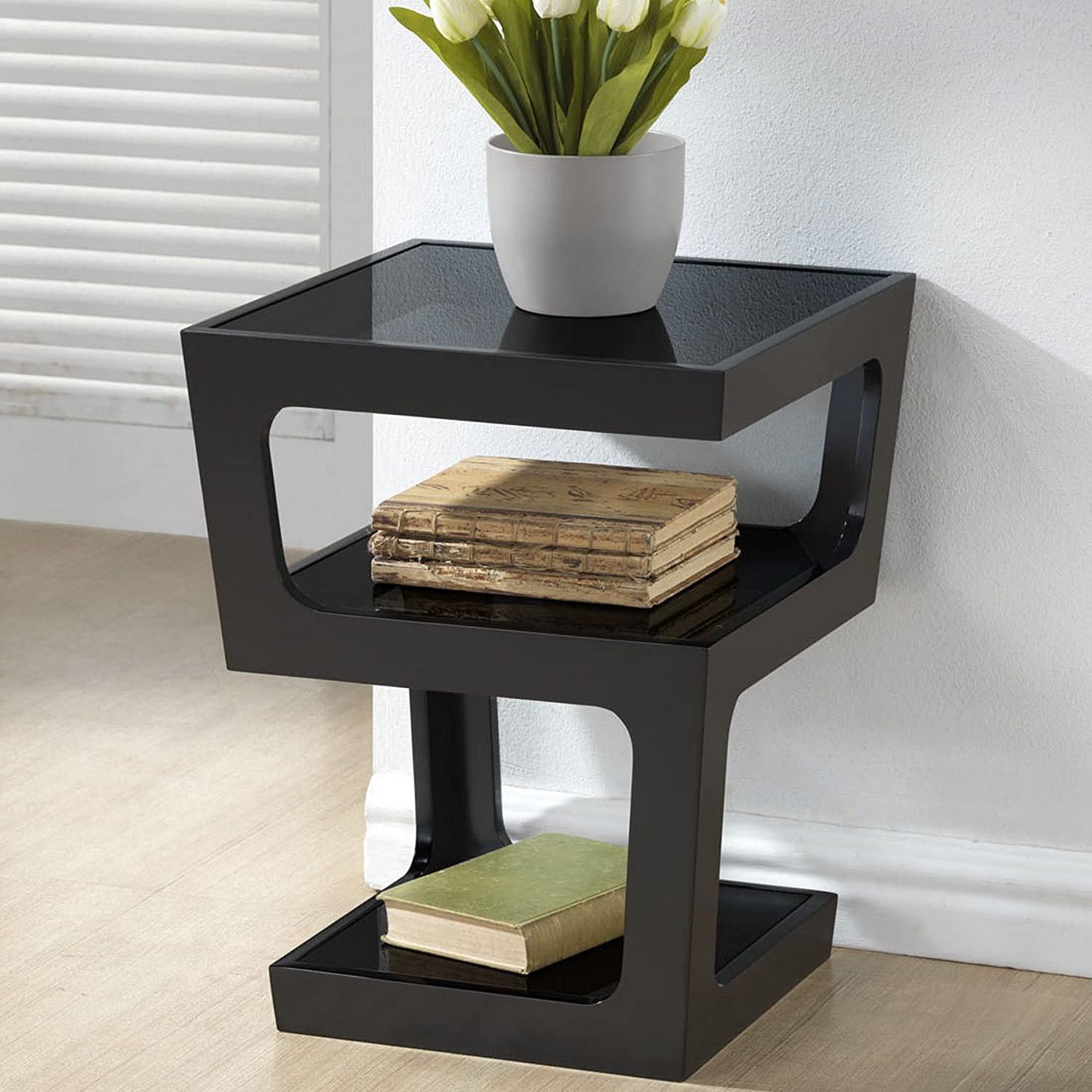 Baxton Studio Clara Modern End Table with 3-Tiered Glass Shelves, Black