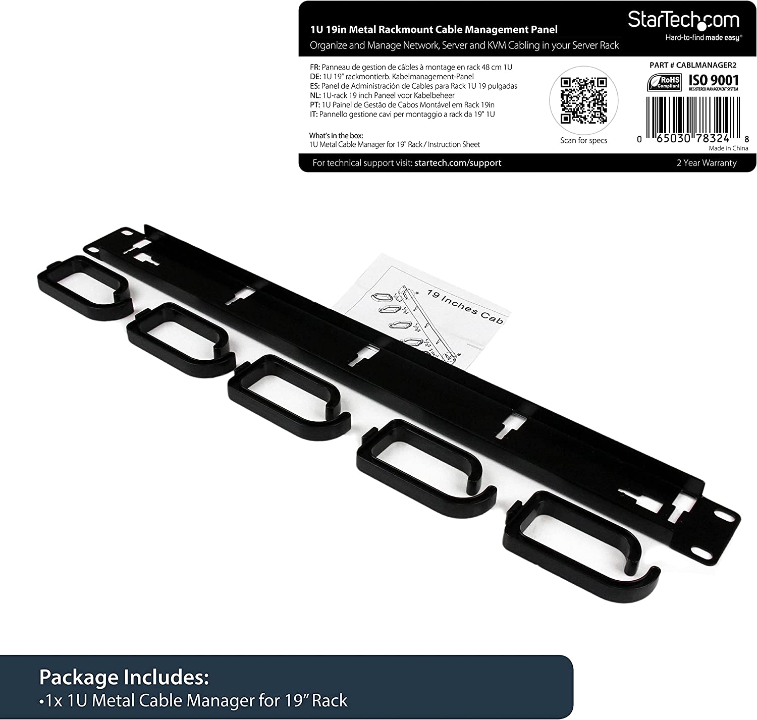 StarTech.com 19√É¬¢√¢‚Äö¬¨√Ç¬ù Server Rack Cable Management Panel w/ D-Ring Hooks - 1U Horizontal or Vertical Wire and Cord Manager - Metal (CABLMANAGER2), Black