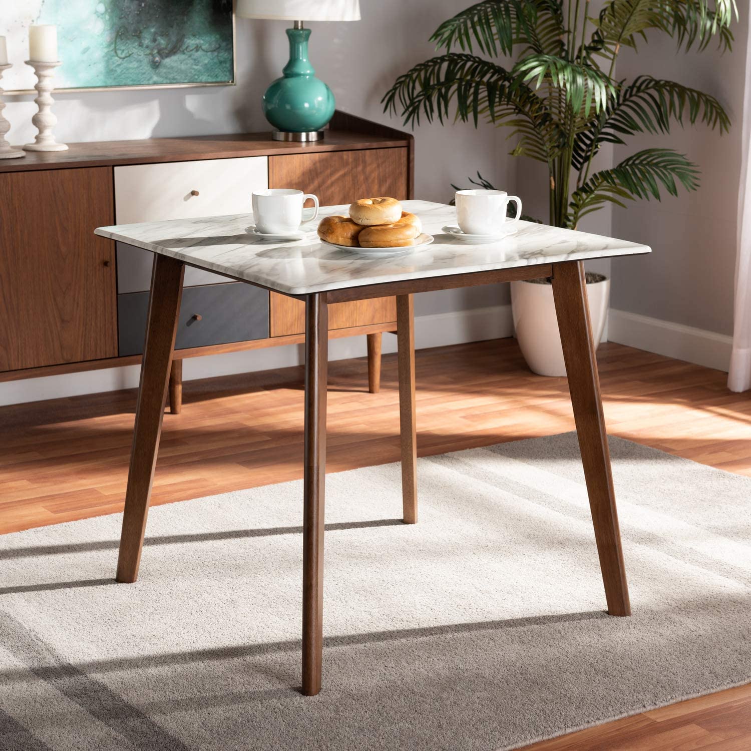 Baxton Studio Kaylee Mid-Century Modern Transitional Walnut Brown Finished Wood Dining Table with Faux Marble Tabletop