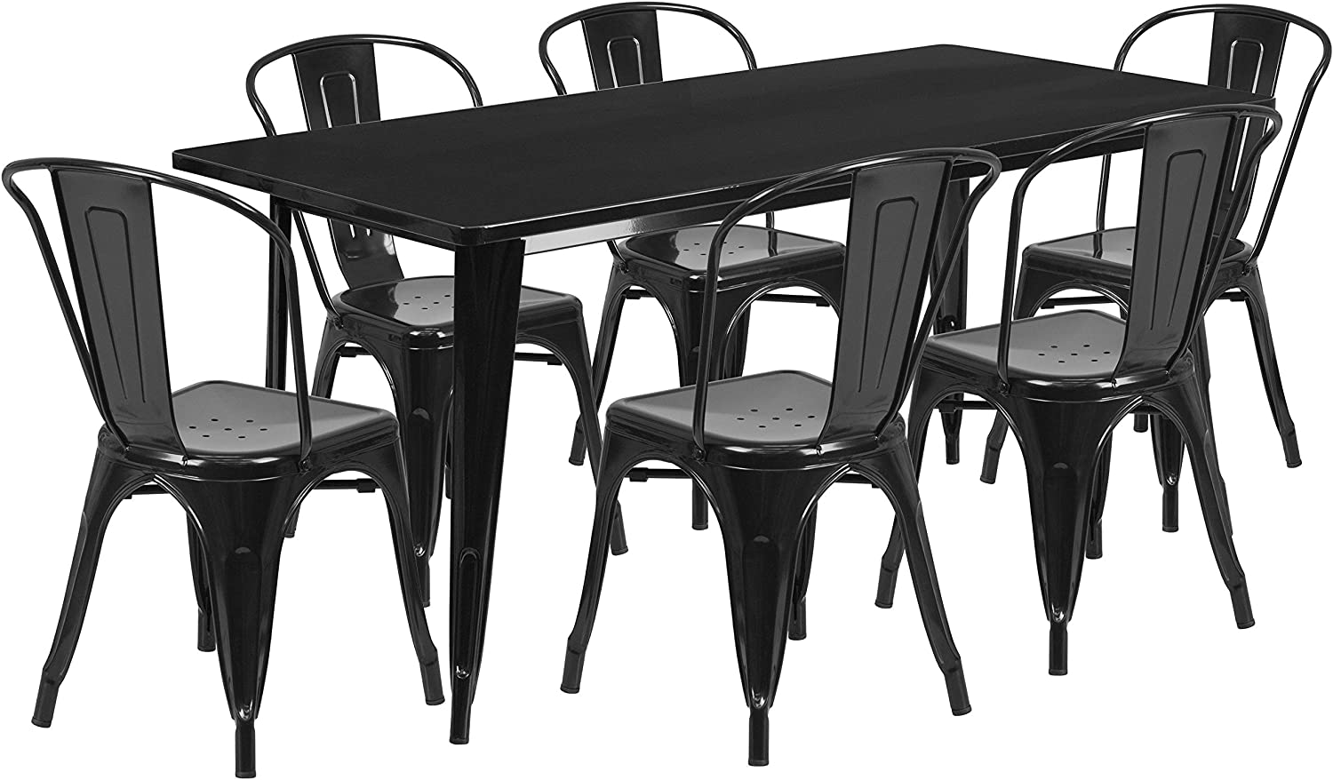 Flash Furniture Commercial Grade 31.5&#34; x 63&#34; Rectangular Black Metal Indoor-Outdoor Table Set with 6 Stack Chairs