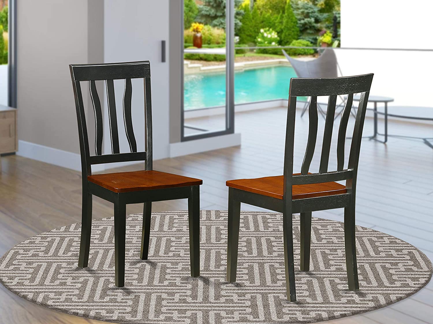 East West Furniture Antique Kitchen Dining Slat Back Wooden Seat Chairs, Set of 2, ANC-BLK-W