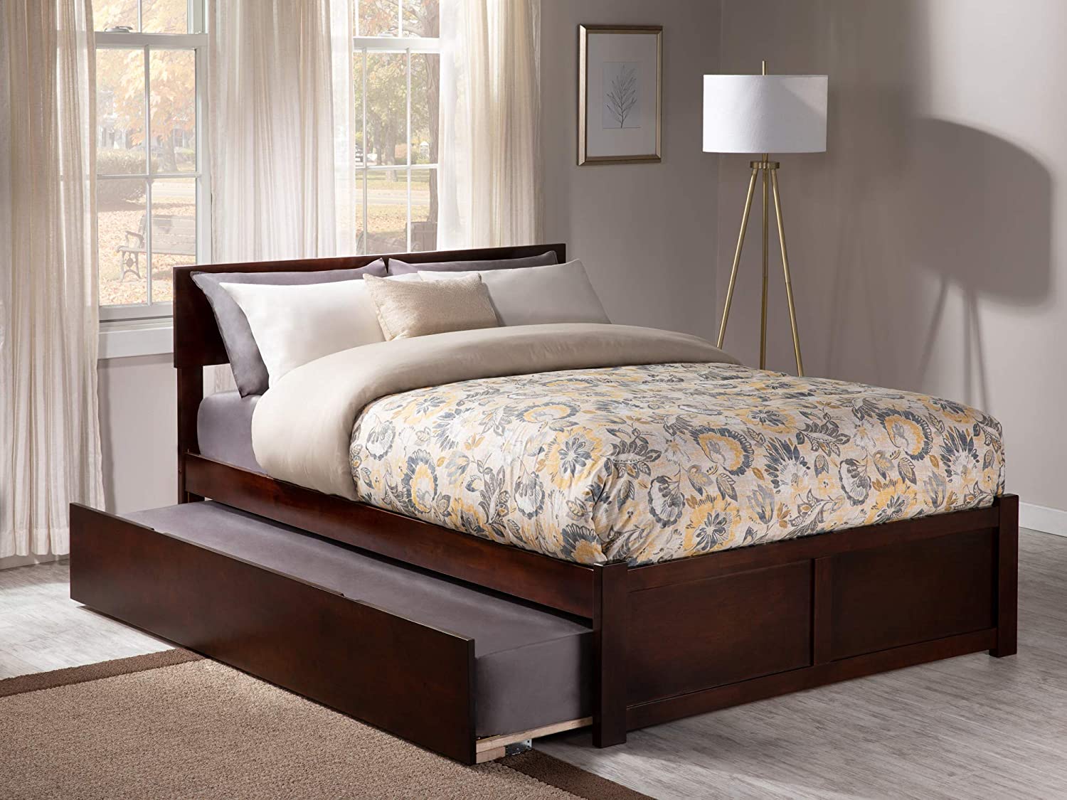 AFI Orlando Platform Bed with Flat Panel Footboard and Turbo Charger with Twin Size Urban Trundle, Full, Walnut