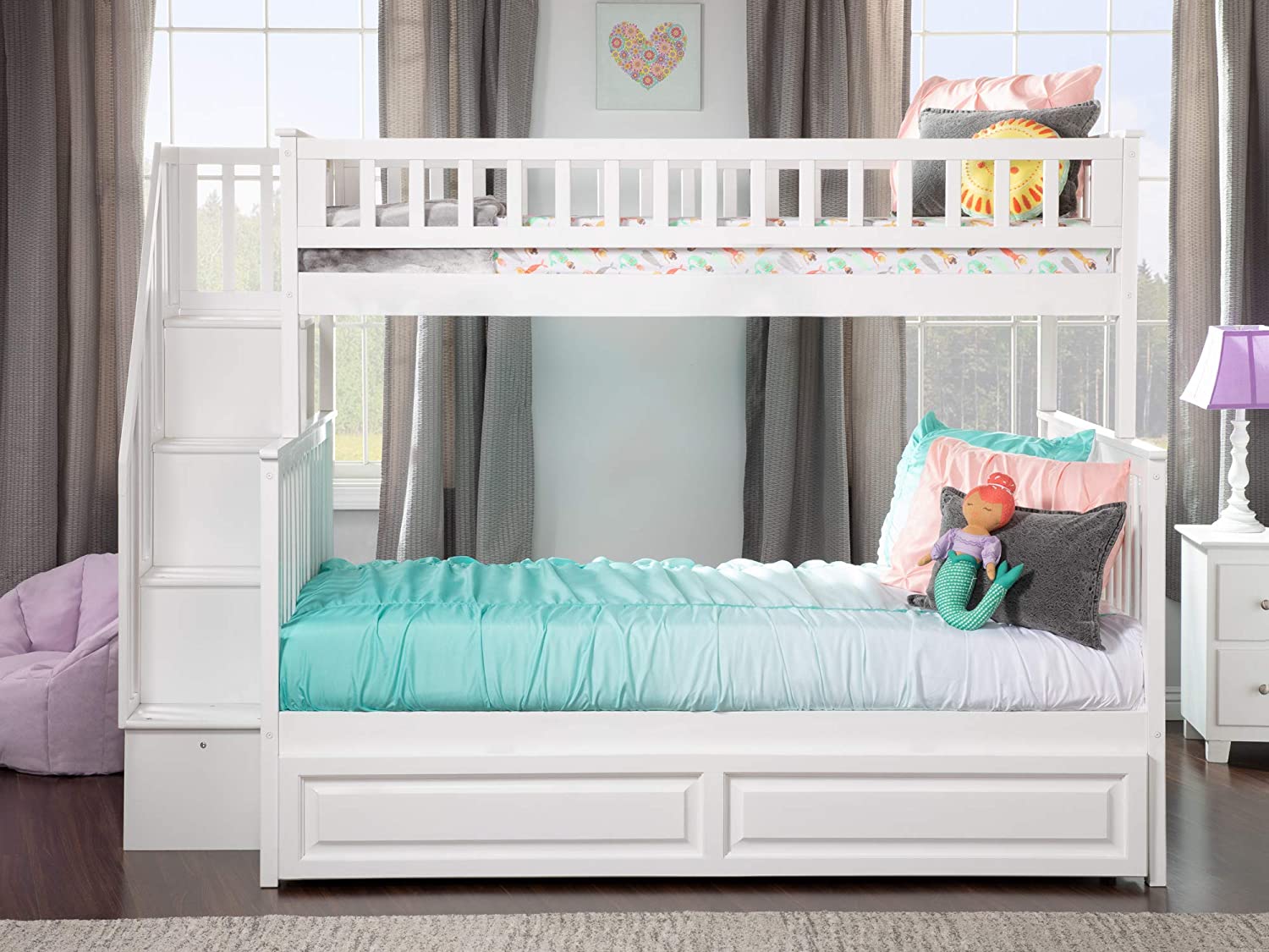 AFI Woodland Staircase Bunk Raised Panel Trundle Bed, Twin/Full, White