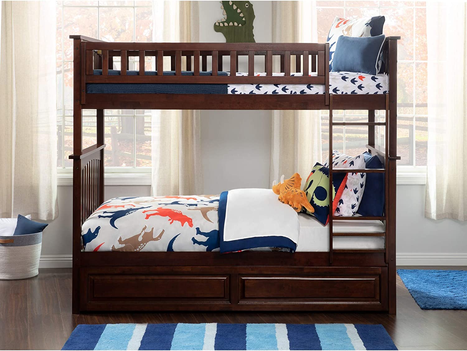 Atlantic Furniture Columbia Twin Over Twin Bunk Bed with Twin Size Raised Panel Trundle Bed in Walnut
