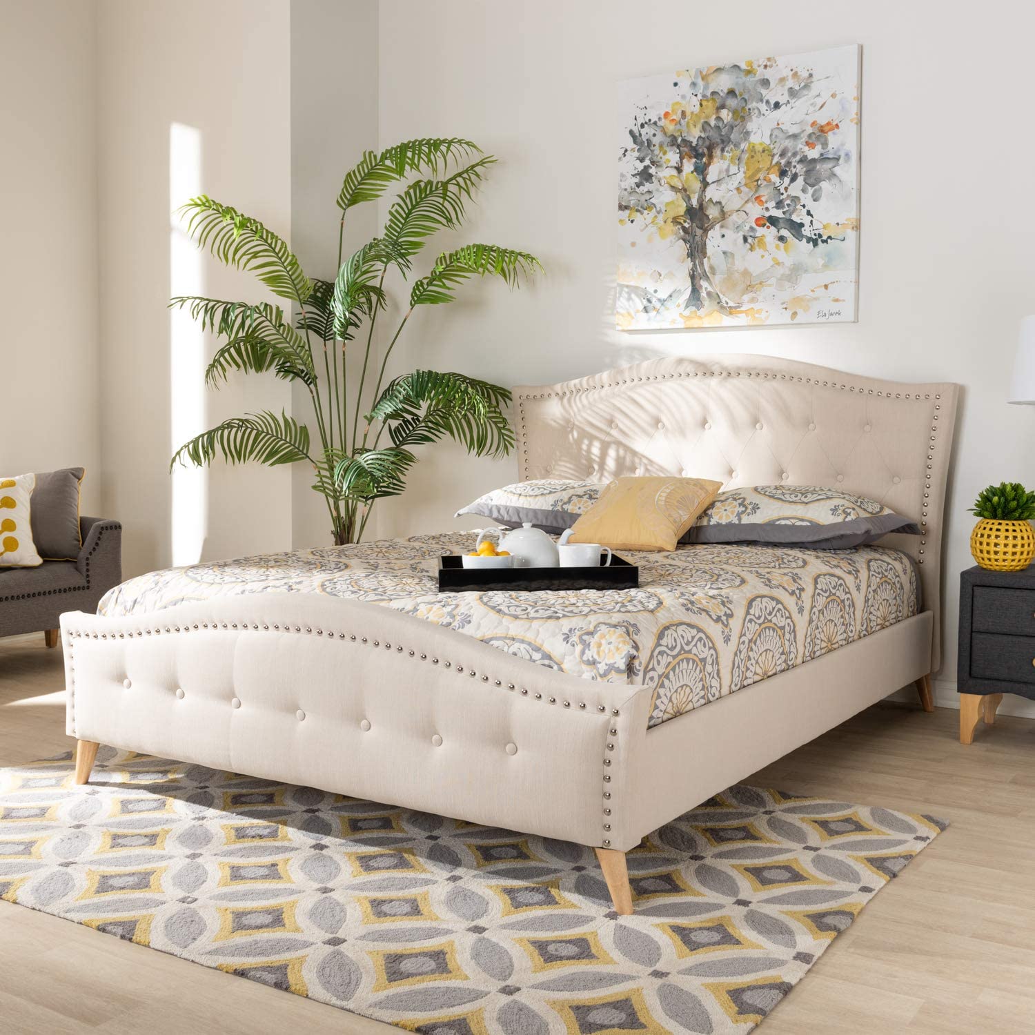 Baxton Studio Felisa Modern and Contemporary Beige Fabric Upholstered and Button Tufted King Size Platform Bed