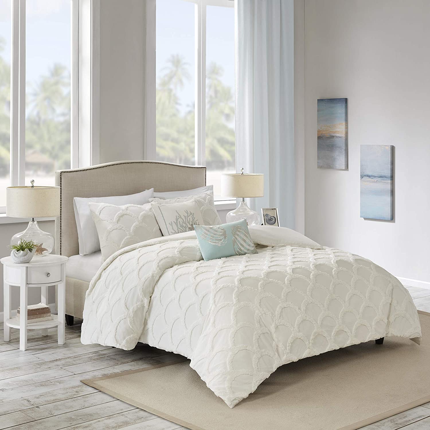 Harbor House Cannon Beach Duvet Cover Full/Queen Size - Ivory , Mermaid Scale Tufted Chenille Duvet Cover Set ‚Äì 3 Piece ‚Äì 100% Cotton Light Weight Bed Comforter Covers