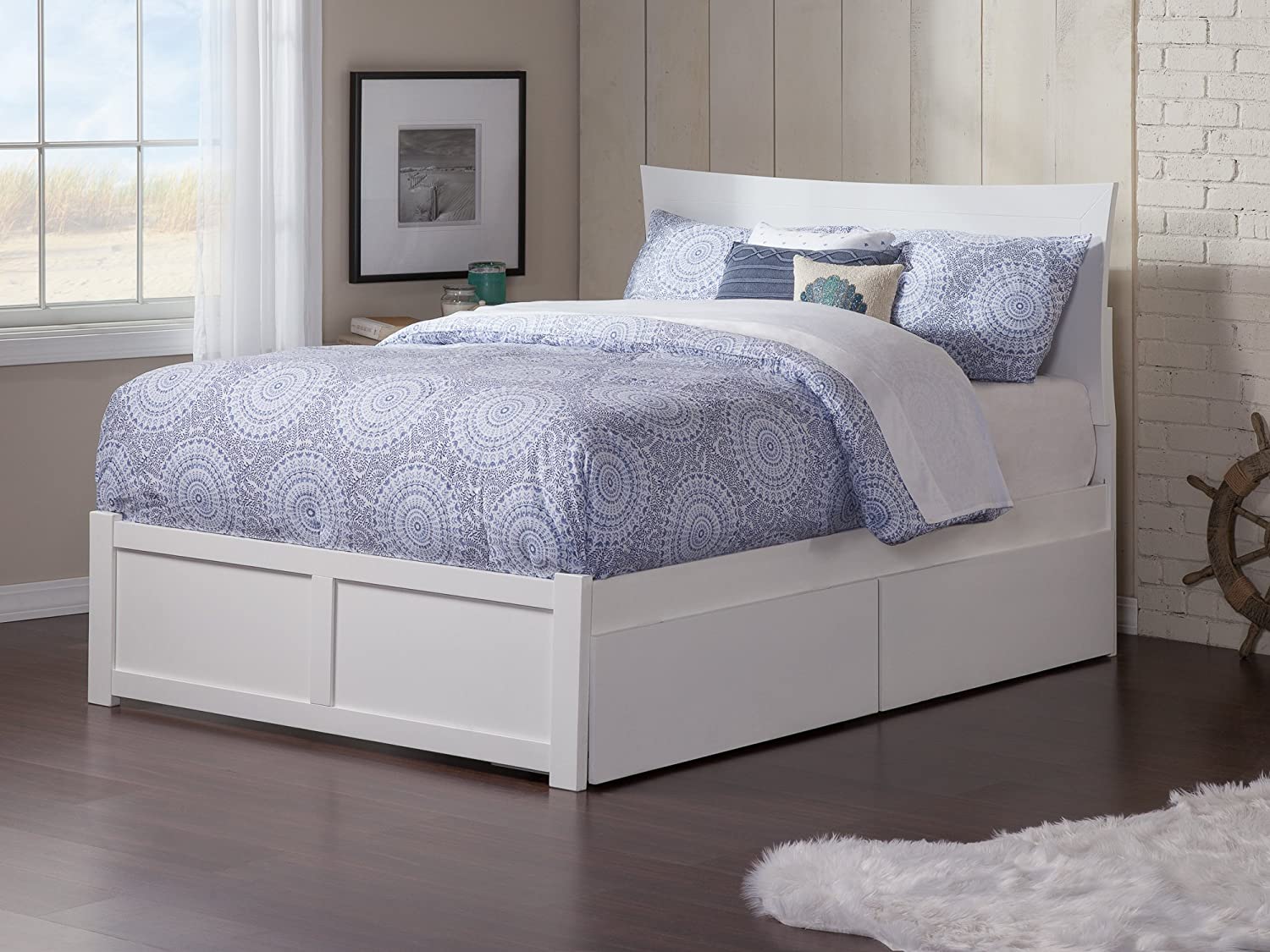 Metro Full Platform Bed with Flat Panel Footboard and Turbo Charger with Urban Bed Drawers in White