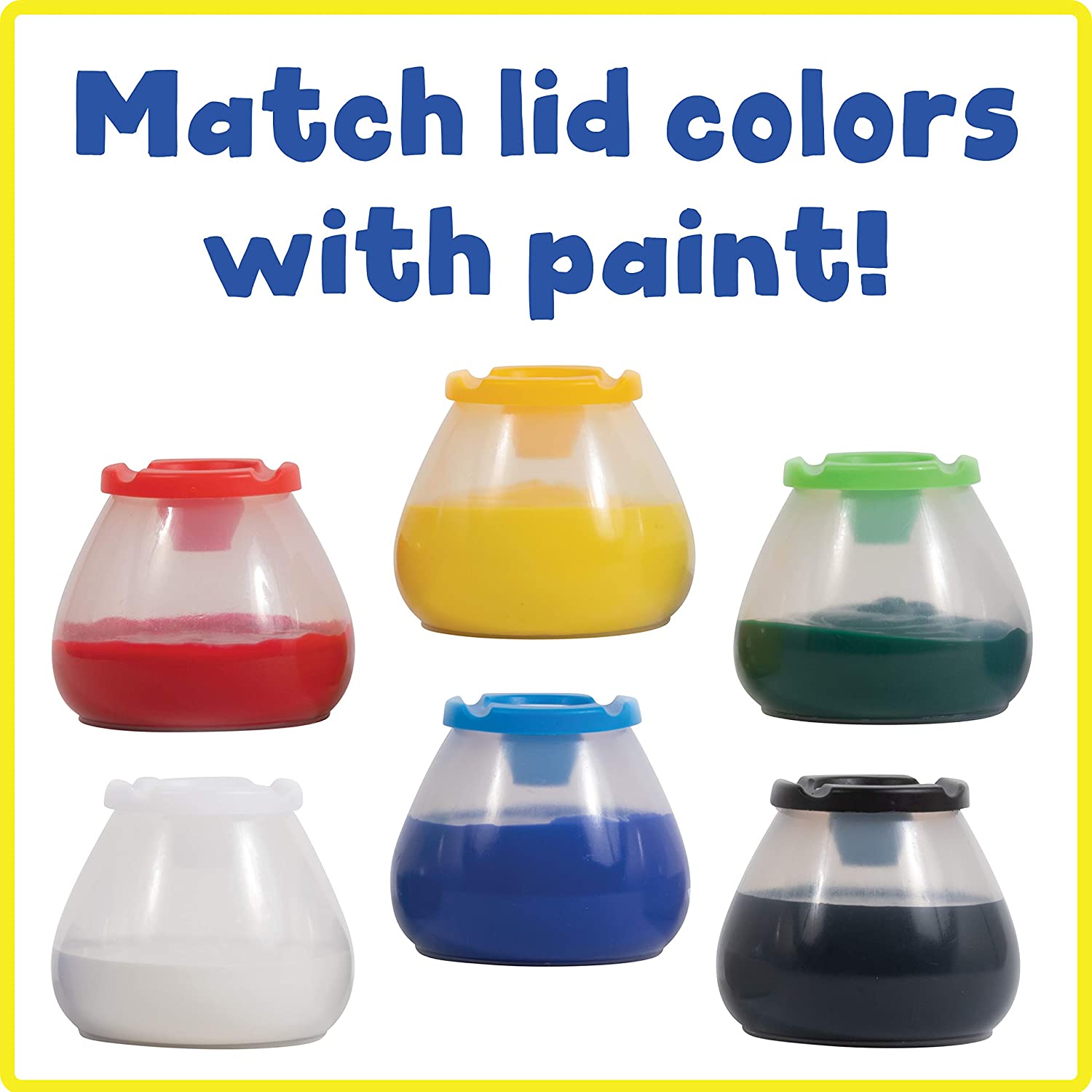 READY 2 LEARN No Spill No Tip Paint Pots - Set of 6 - Spill-Proof and Tip-Proof Paint Containers for Kids - Clear, Cone-Shaped Pots, Colored Lids and Paint Brush Rests