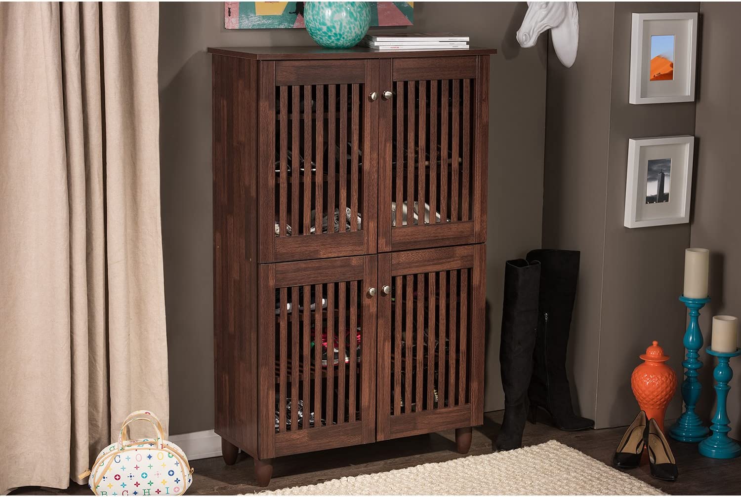 Baxton Studio Wholesale Interiors Fernanda Modern and Contemporary 4-Door Oak Brown Wooden Entryway Shoes Storage Tall Cabinet