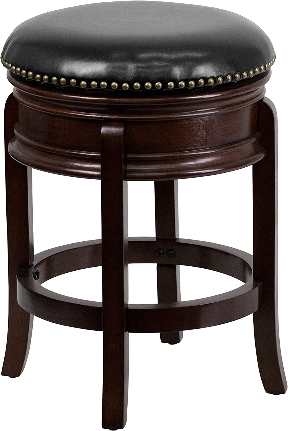 Flash Furniture 24&#39;&#39; High Backless Cappuccino Wood Counter Height Stool with Carved Apron and Black LeatherSoft Swivel Seat