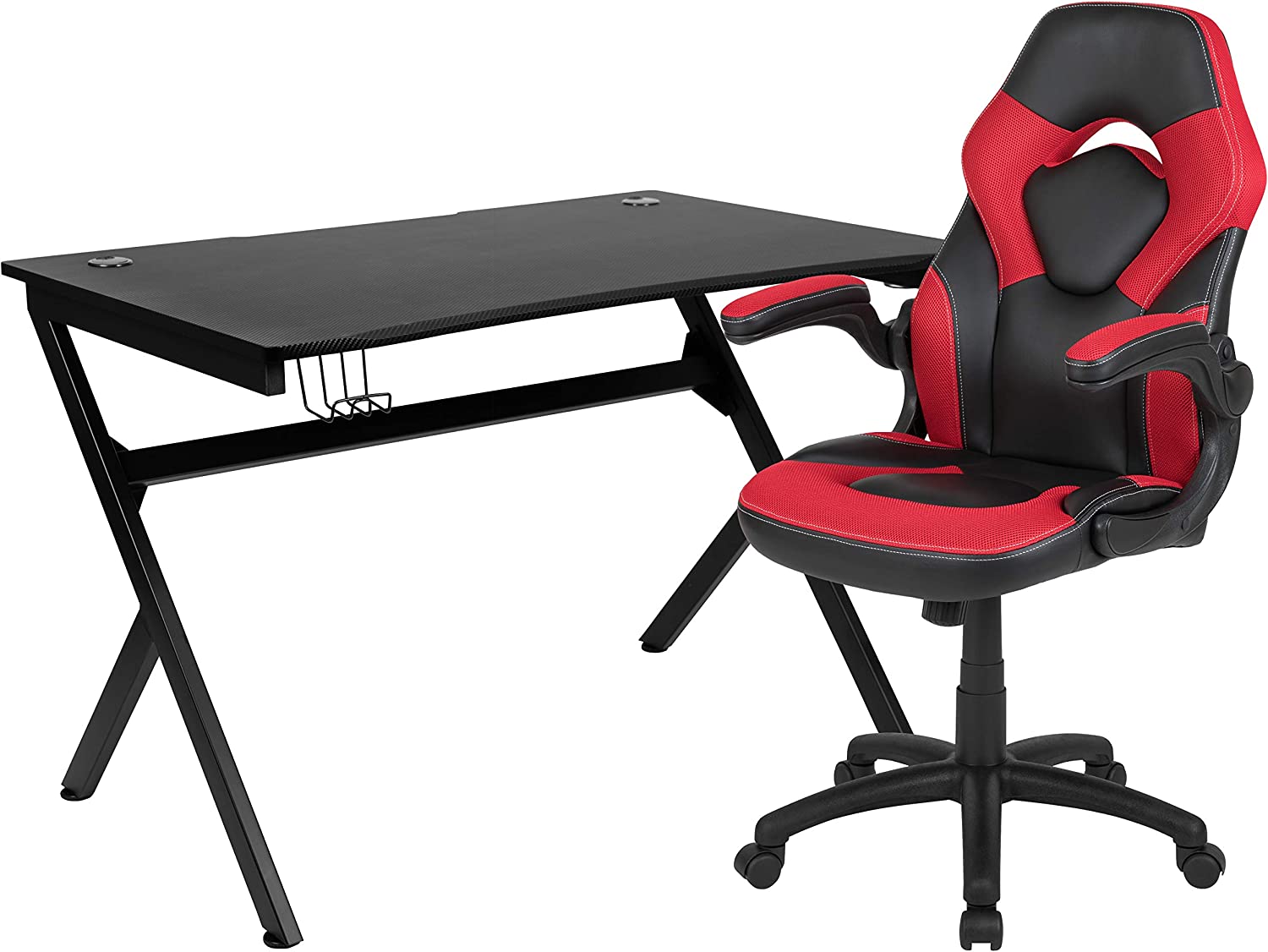Flash Furniture Black Gaming Desk and Red/Black Racing Chair Set with Cup Holder, Headphone Hook & 2 Wire Management Holes