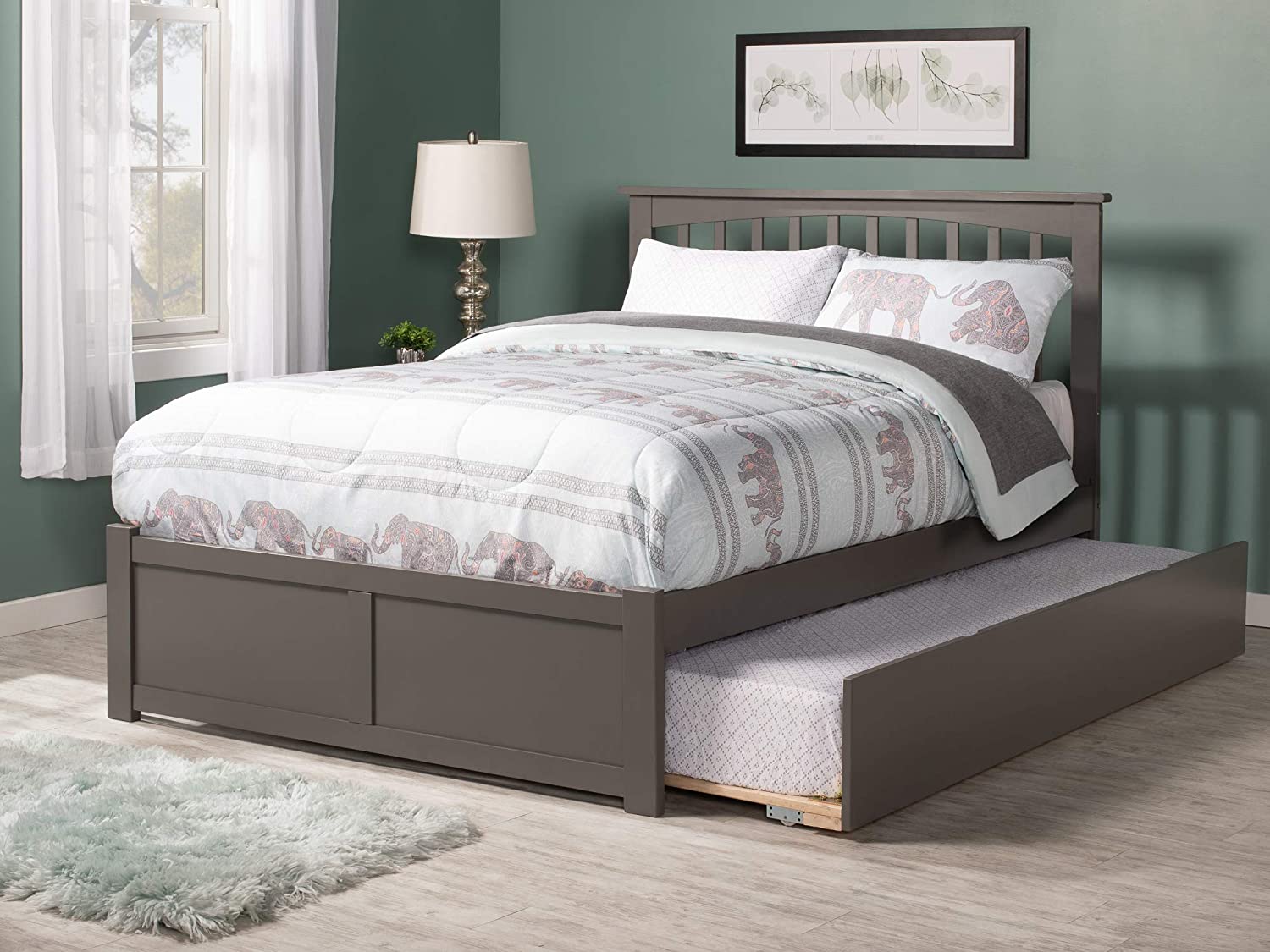 AFI Mission Platform Bed with Flat Panel Footboard and Twin Size Urban Trundle, Full, Grey