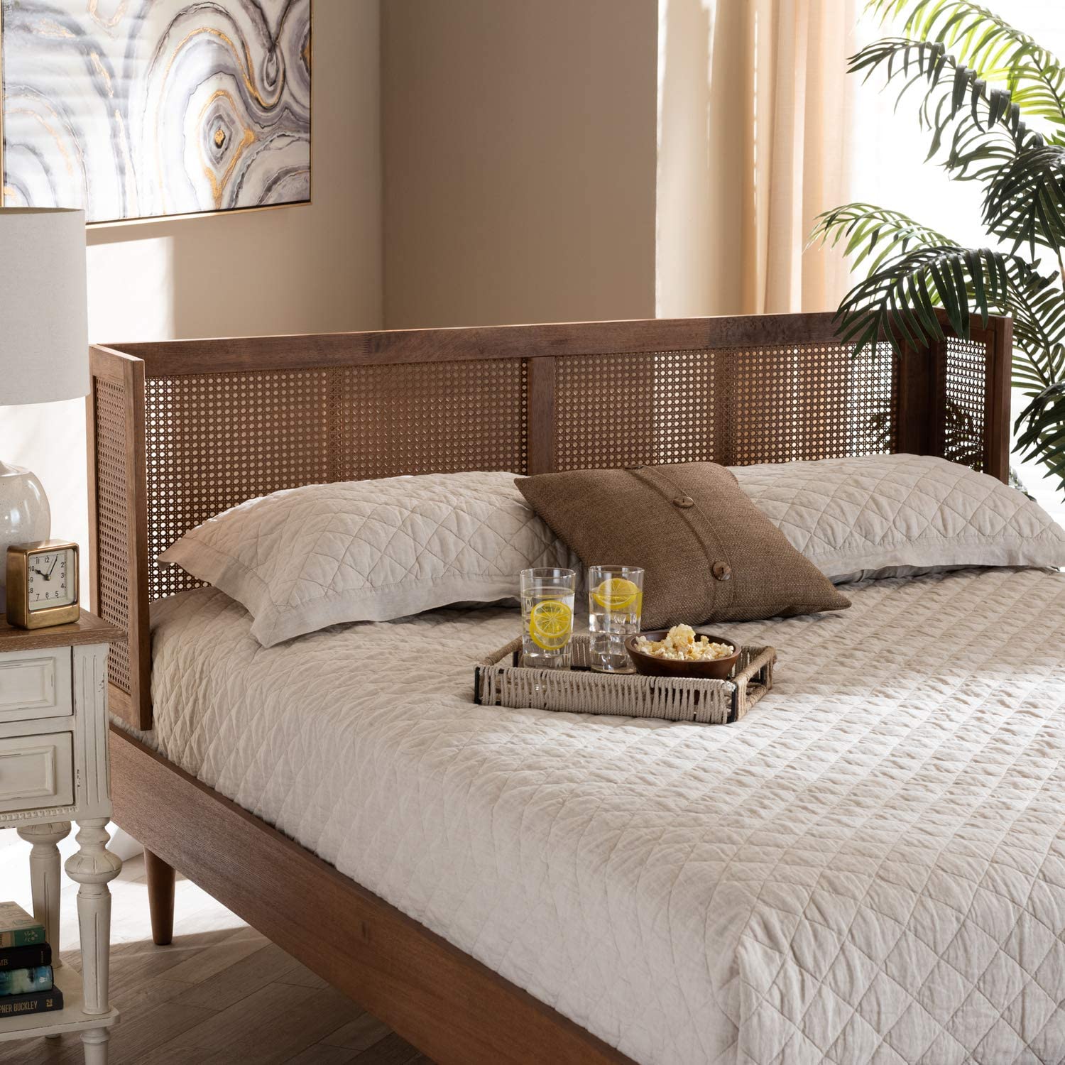 Baxton Studio Rina Mid-Century Modern Ash Wanut Finished Wood and Synthetic Rattan Full Size Wrap-Around Headboard