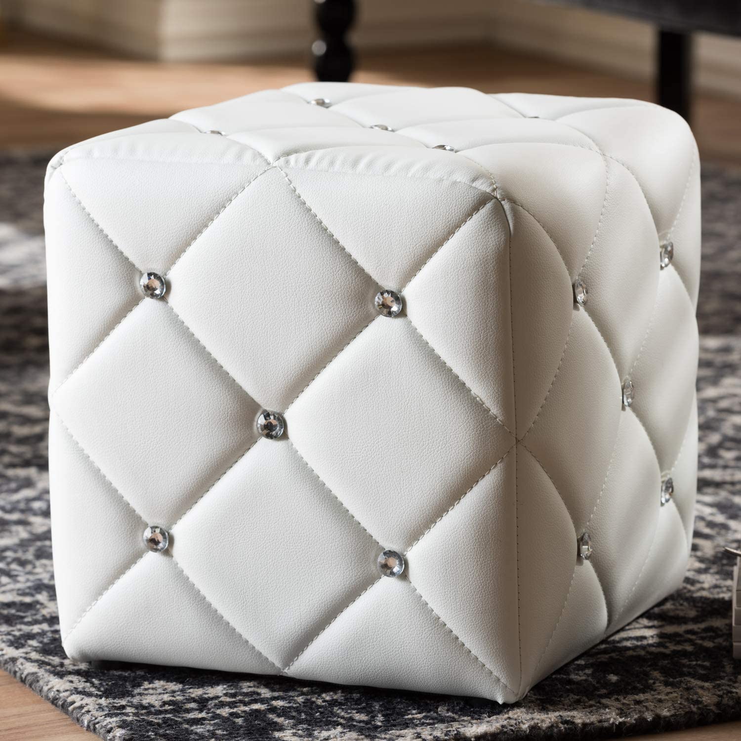 Baxton Studio Stacey Modern and Contemporary White Faux Leather Upholstered Ottoman White//Contemporary/Faux Leather/Eucalyptus Wood/HDF/Foam