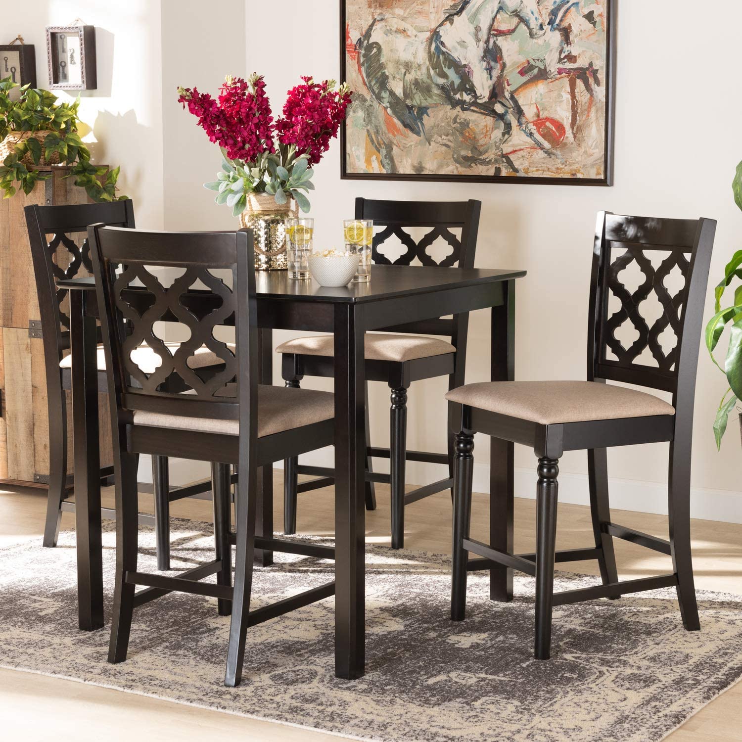 Baxton Studio Ramiro Modern and Contemporary Transitional Sand Fabric Upholstered and Dark Brown Finished Wood 5-Piece Pub Set