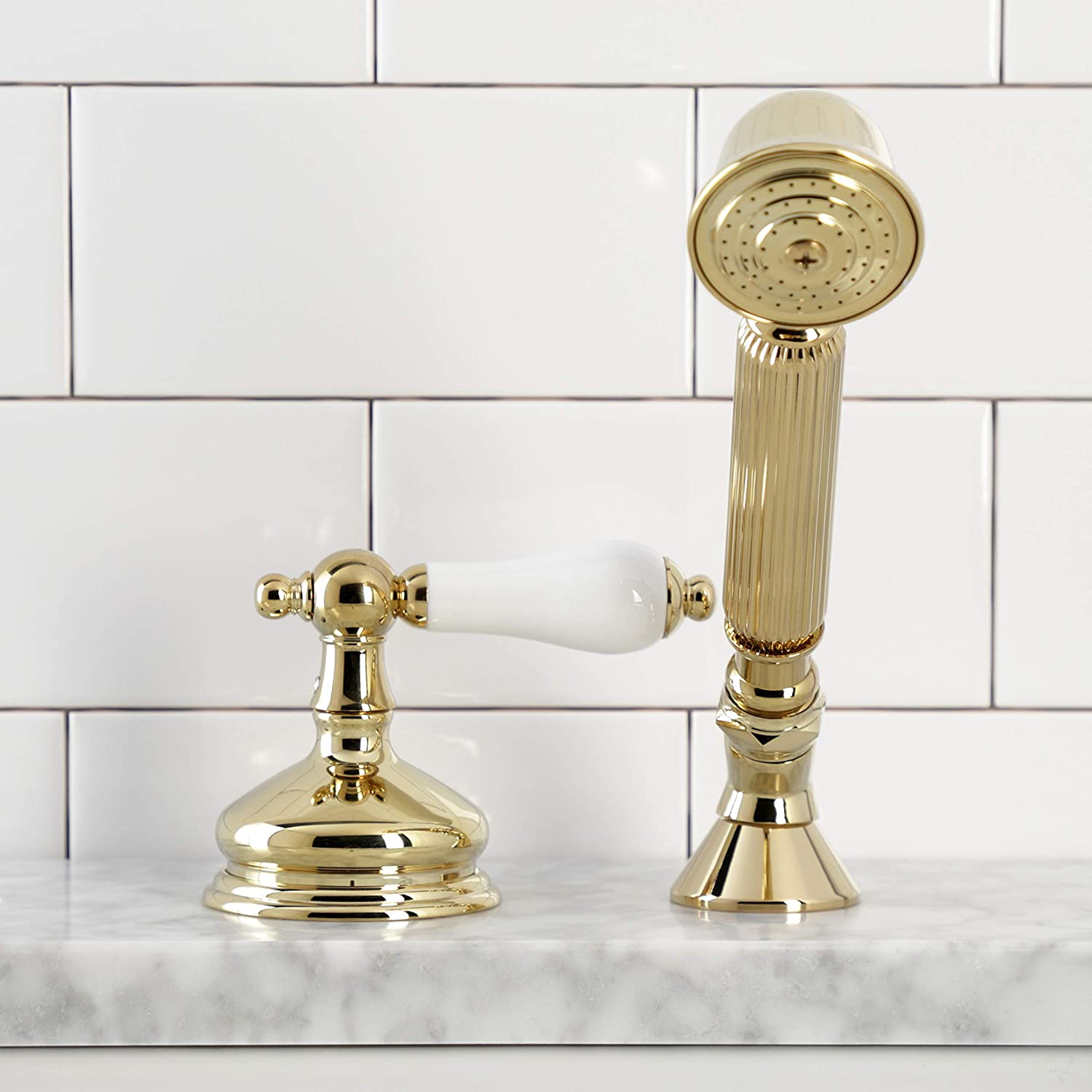 Kingston Brass KSK3332PLTR Deck Mount Hand Shower with Diverter for Roman Tub Faucet, Polished Brass