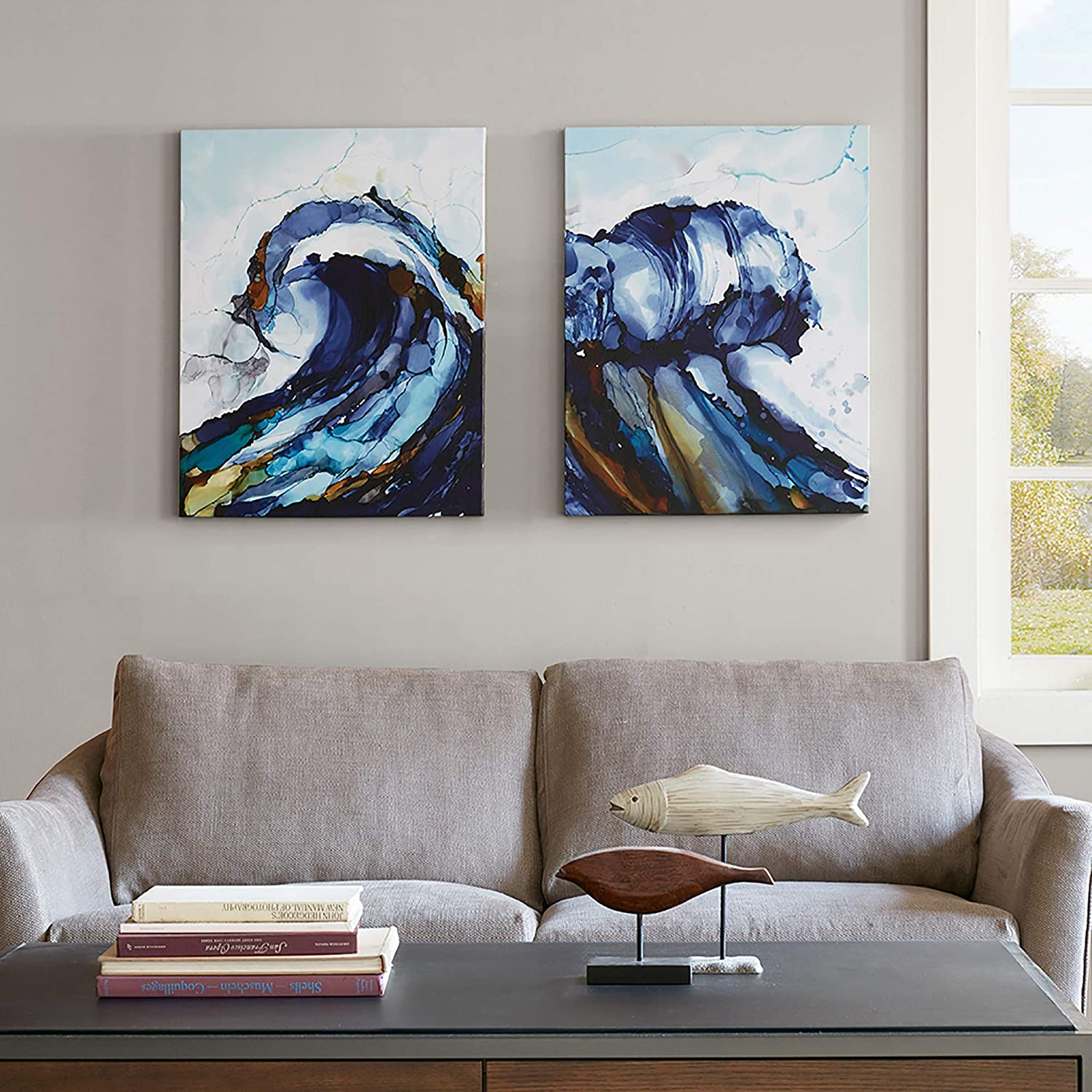 Madison Park, Liquid Waves 2 Piece Set Wall Art, Gel Coated Canvas, Modern Contemporary Design Colorful Rolling Wave, Global Inspired Painting Living Room Accent D√É∆í√Ç¬©cor, Blue Multi, 22 x 28