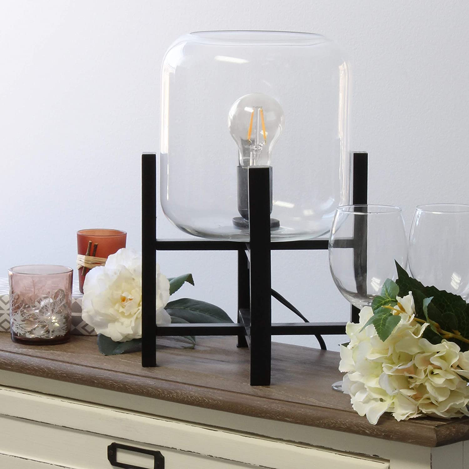 Simple Designs LT1068-CLR Wood Mounted Glass Cylinder Shade Table Lamp, Black/Clear
