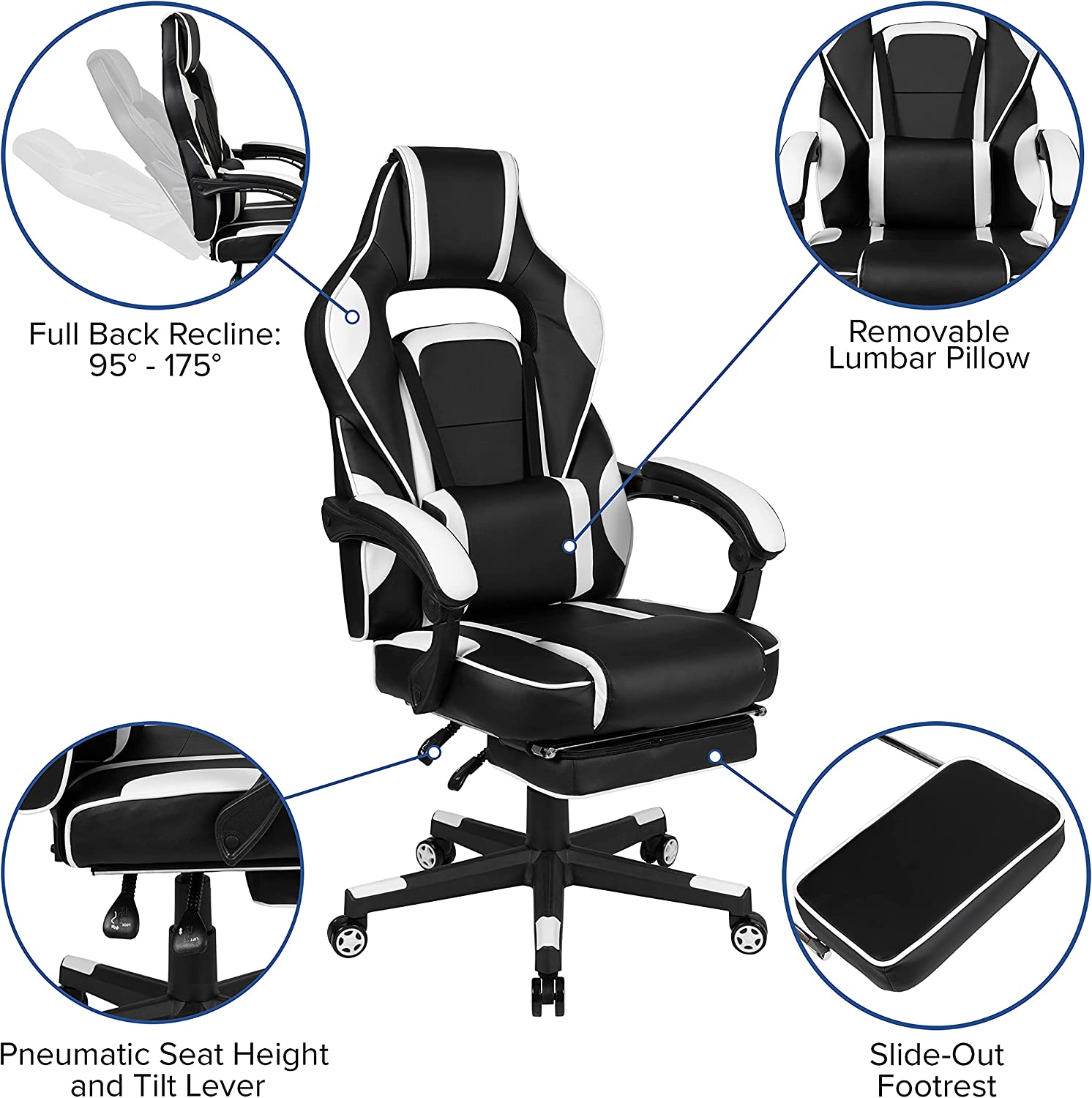 Flash Furniture Black Gaming Desk with Cup Holder/Headphone Hook/Monitor Stand &amp; White Reclining Back/Arms Gaming Chair with Footrest
