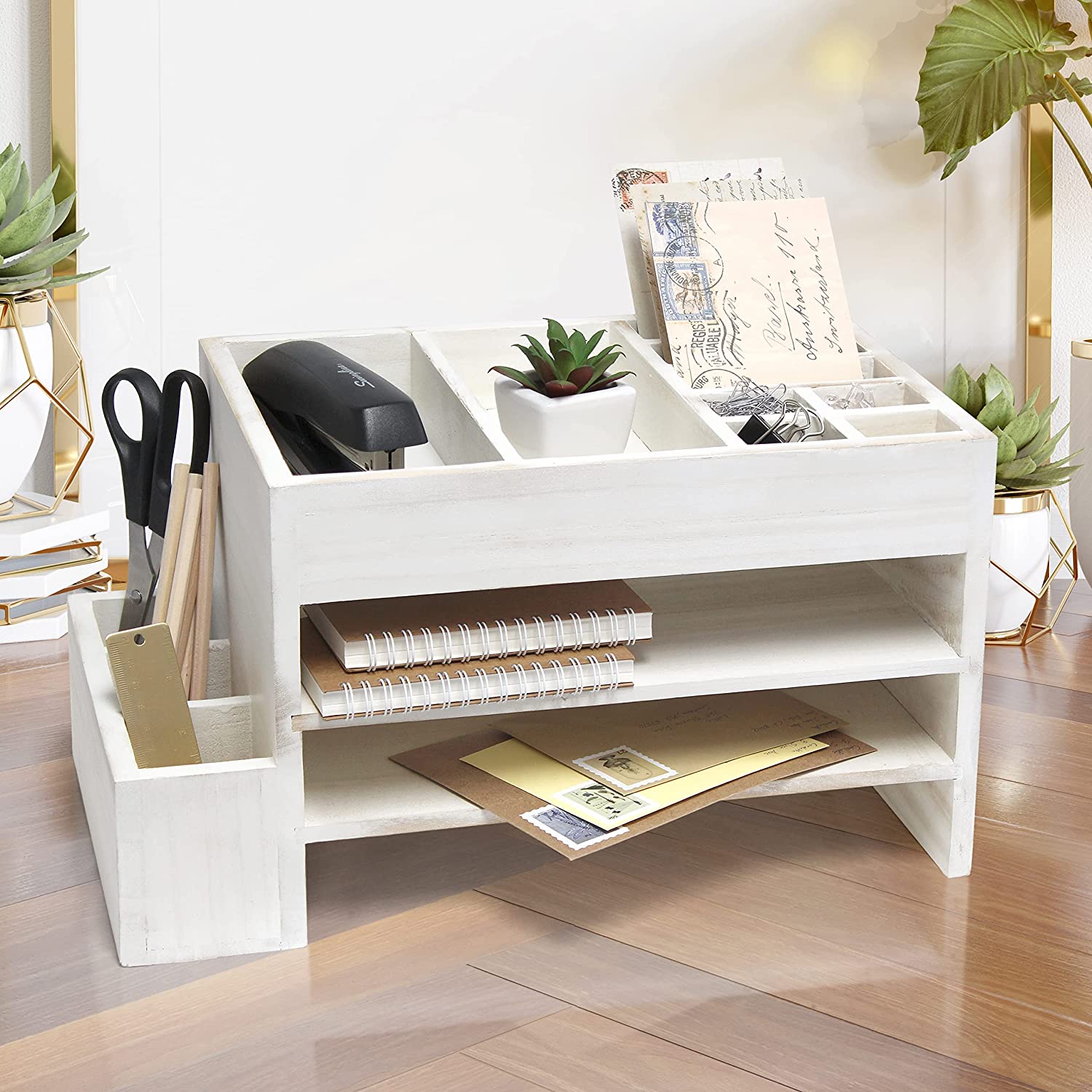 Elegant Designs HG1021-WWH Home Office Wood Tiered Organizer with Storage Cubbies and Letter Tray Desk Caddy, White Wash