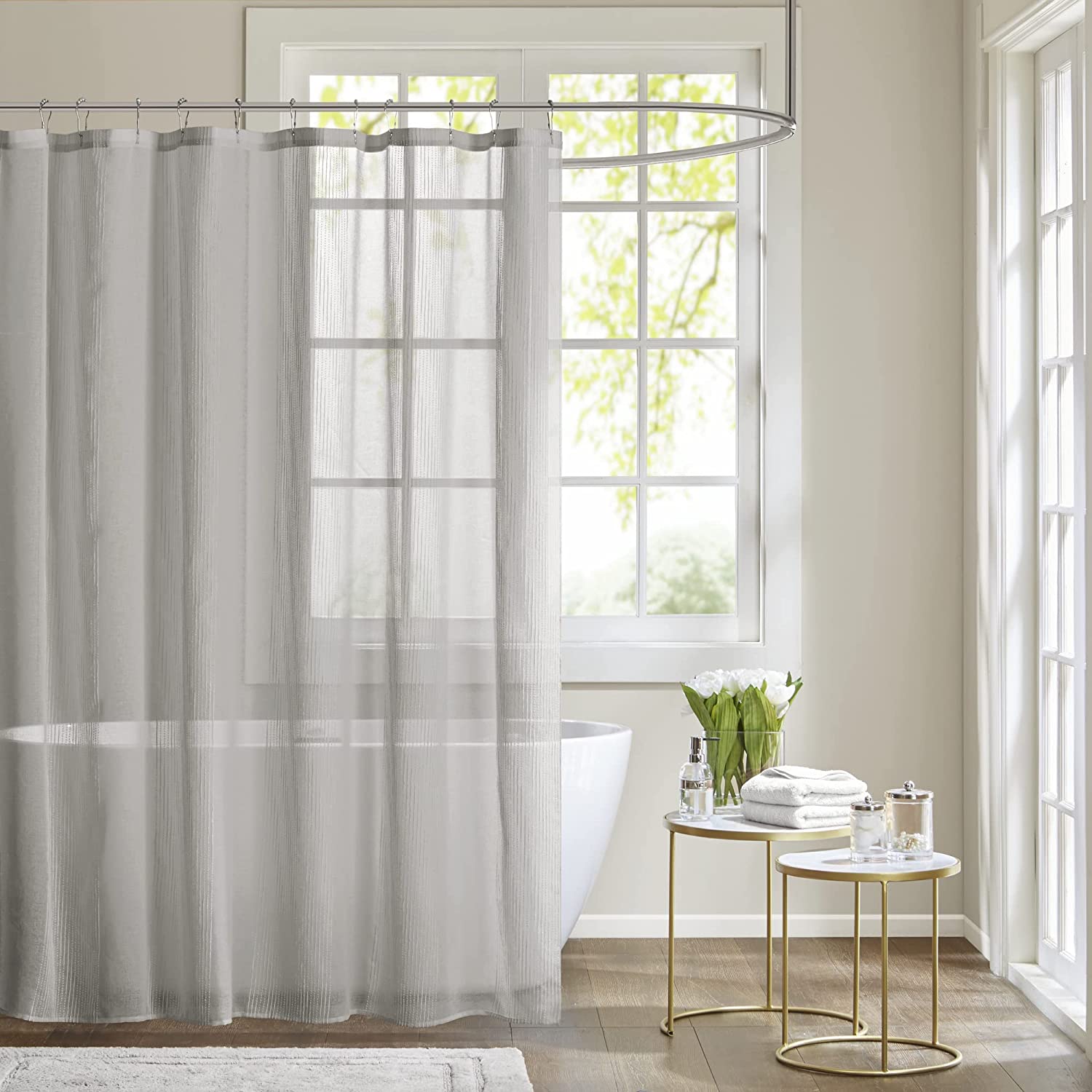 Madison Park Anna Sheers Shower Curtain, Textured Striped Accent Design, Modern Mid-Century Bathroom Decor, Machine Washable, Fabric Privacy Screen 72x72&#34;, Ivory