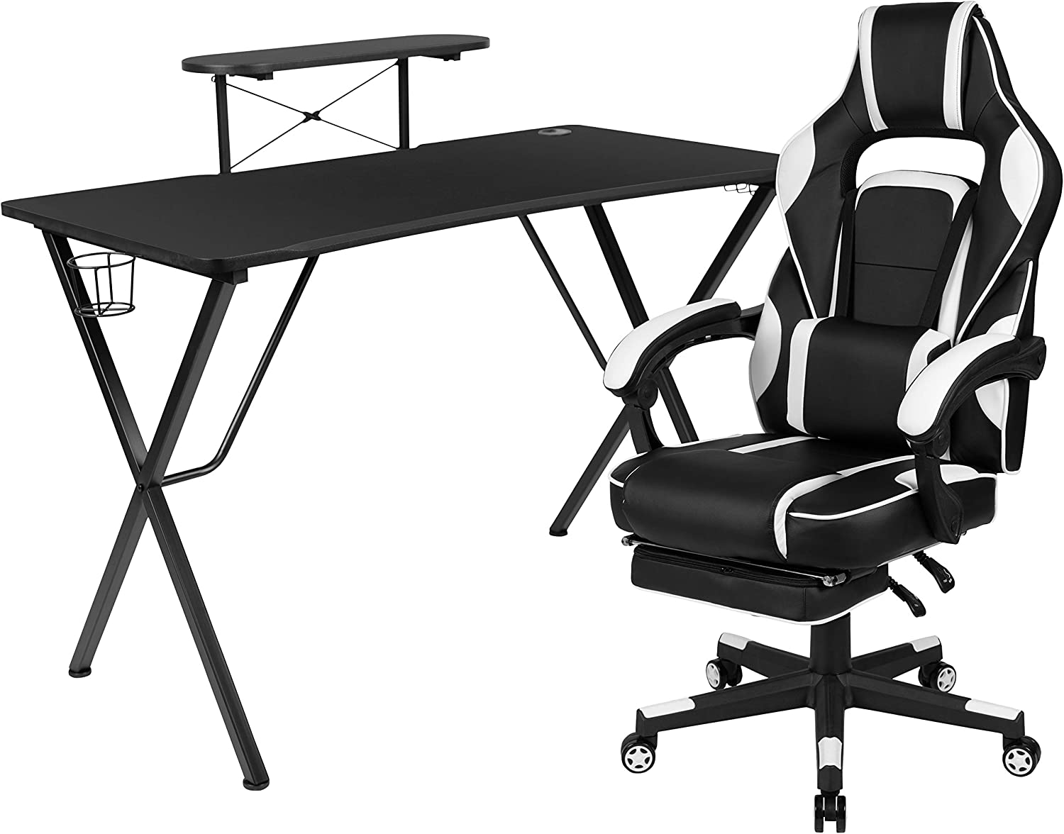 Flash Furniture Black Gaming Desk and White/Black Racing Chair Set with Cup Holder, Headphone Hook, and Monitor/Smartphone Stand