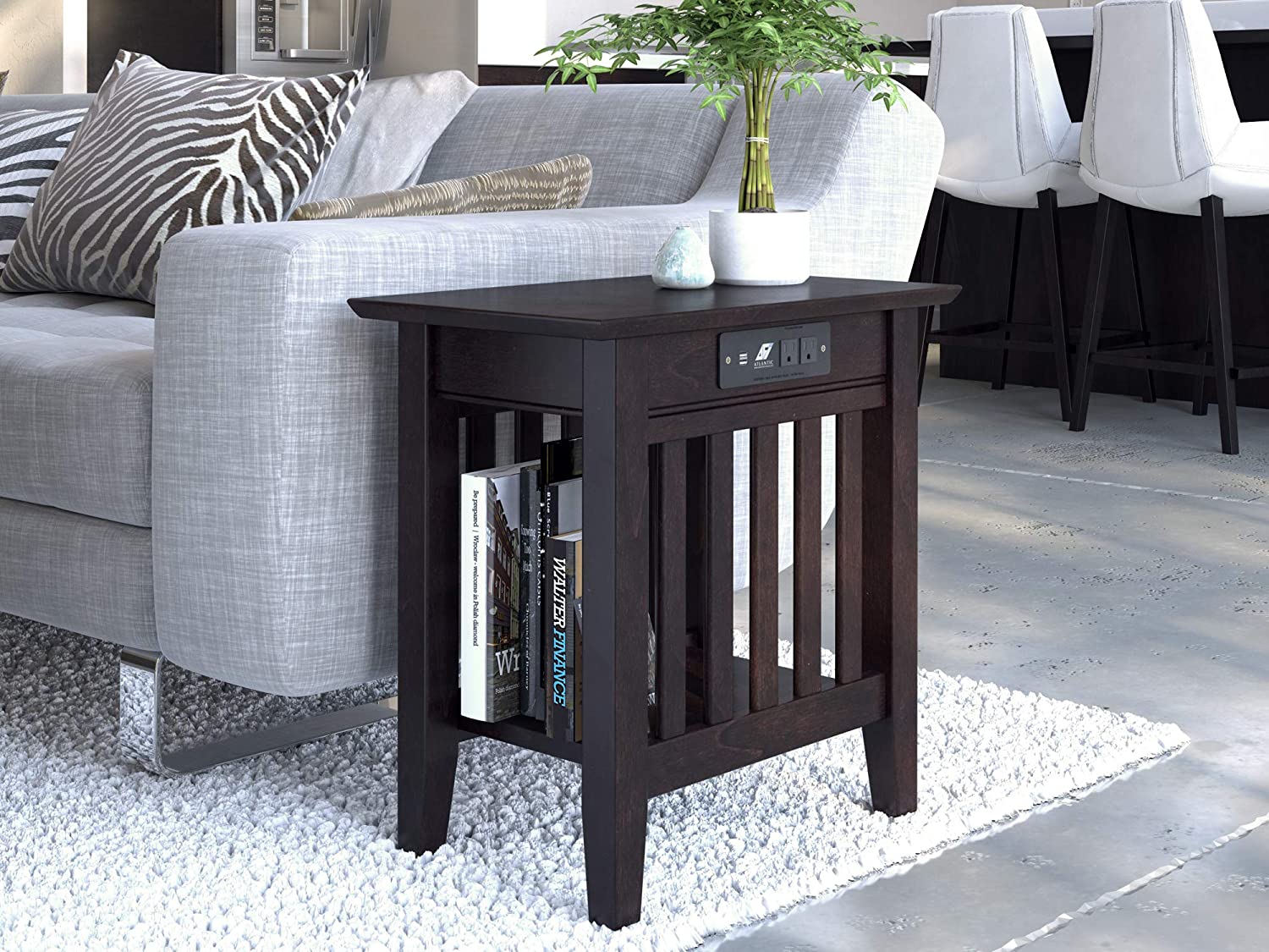 AFI Mission Chair Side Table with Charging Station in Espresso