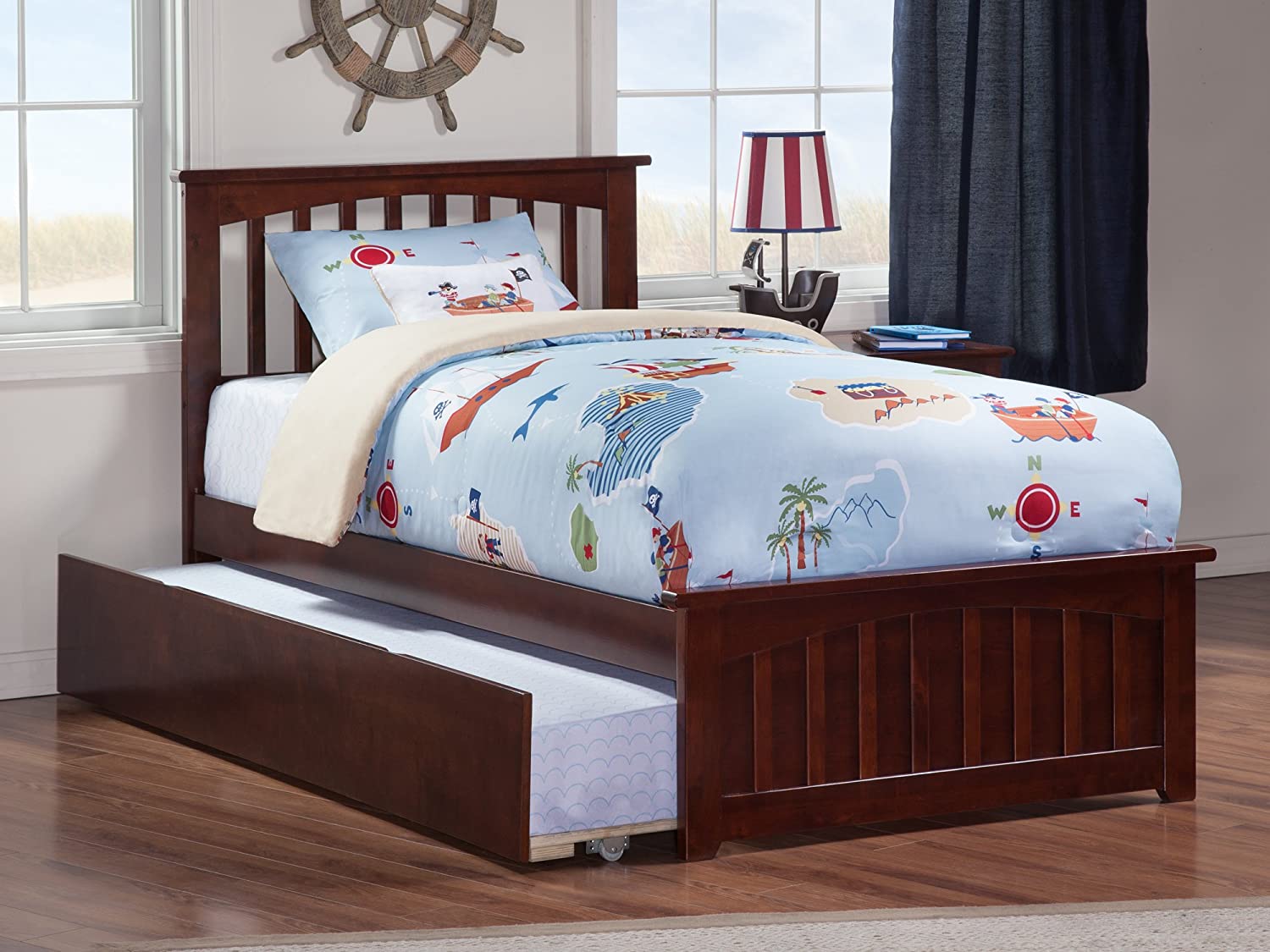 AFI Mission Platform Bed with Matching Footboard and Turbo Charger with Twin Extra Long Trundle, XL, Walnut