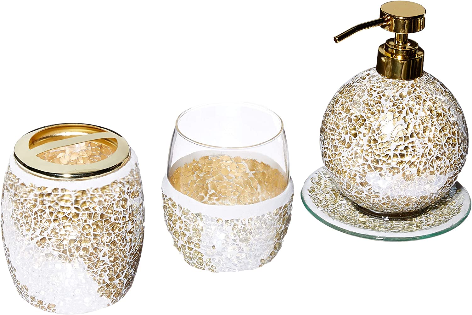Mosaic Bathroom Accessories Set , 4 Piece Bath Accessory Sets With Gold Soap Dispenser , Toothbrush Holder , Tumbler And Ring Tray