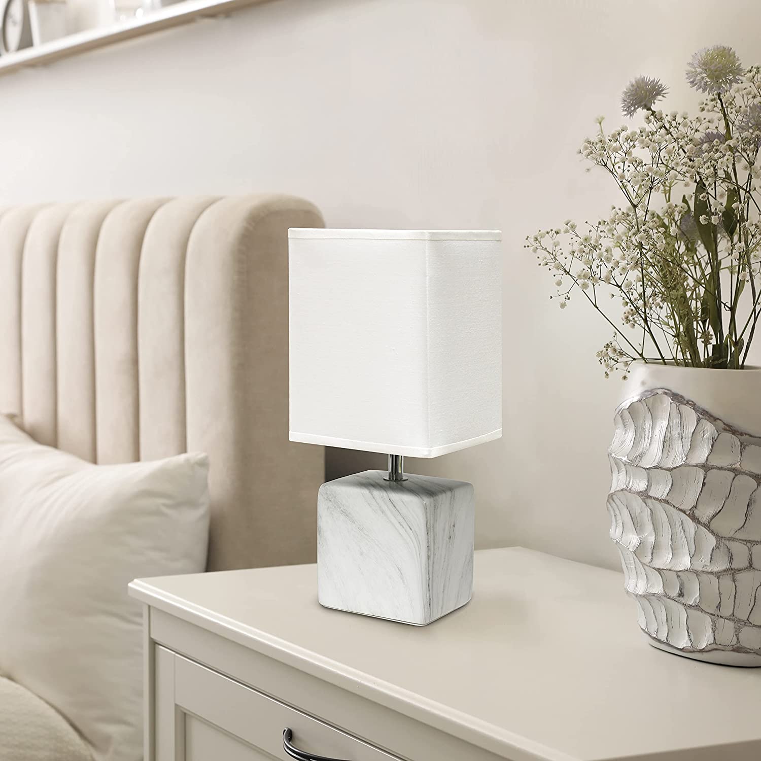 Simple Designs LT2071-WOW White Gray Petite Marbled Ceramic Bedside Mini Table Lamp with White Fabric Shade