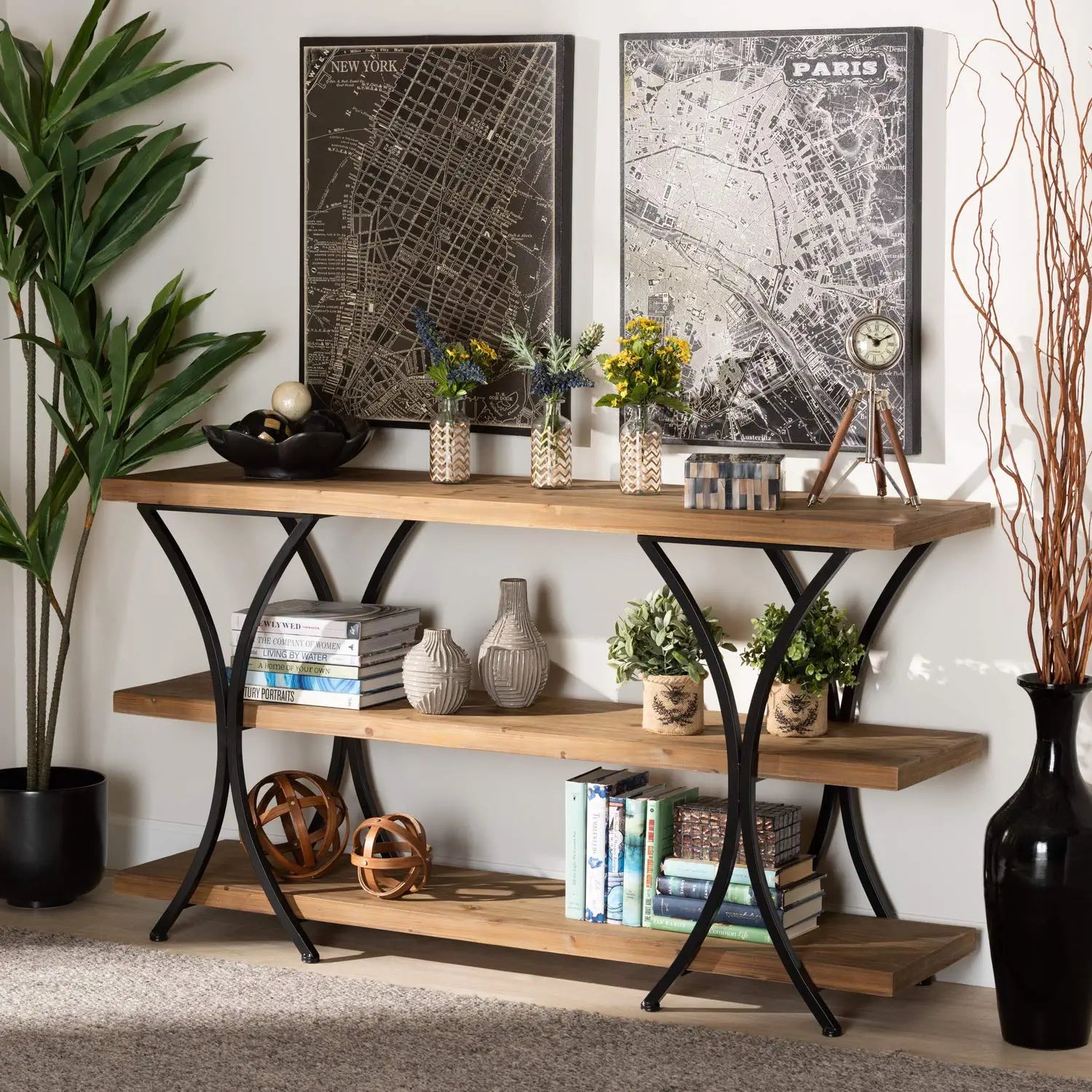 Baxton Studio Terrell Modern Rustic and Industrial Natural Brown Finished Wood and Black Finished Metal Console Table